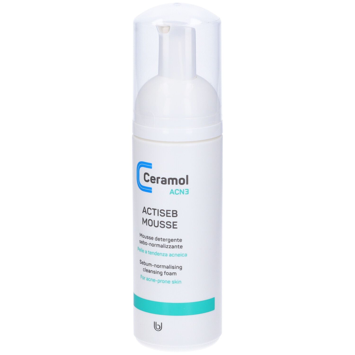 Flacone bianco con dispenser. Scritta Ceramol, Actiseb Mousse. Per pelli a tendenza acneica.