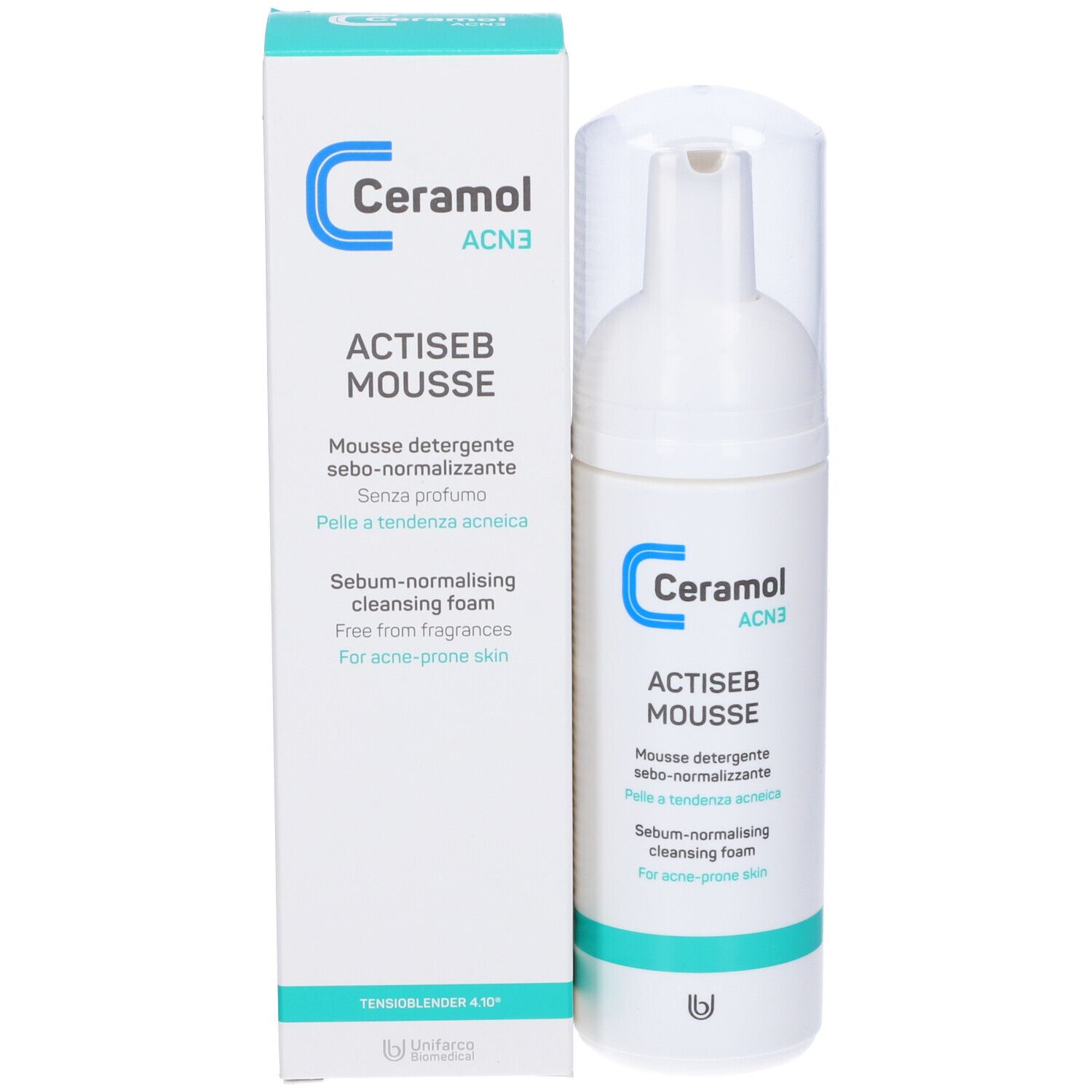 Flacone bianco con dispenser e scatola. Scritta Ceramol, Actiseb Mousse. Per pelli a tendenza acneica.