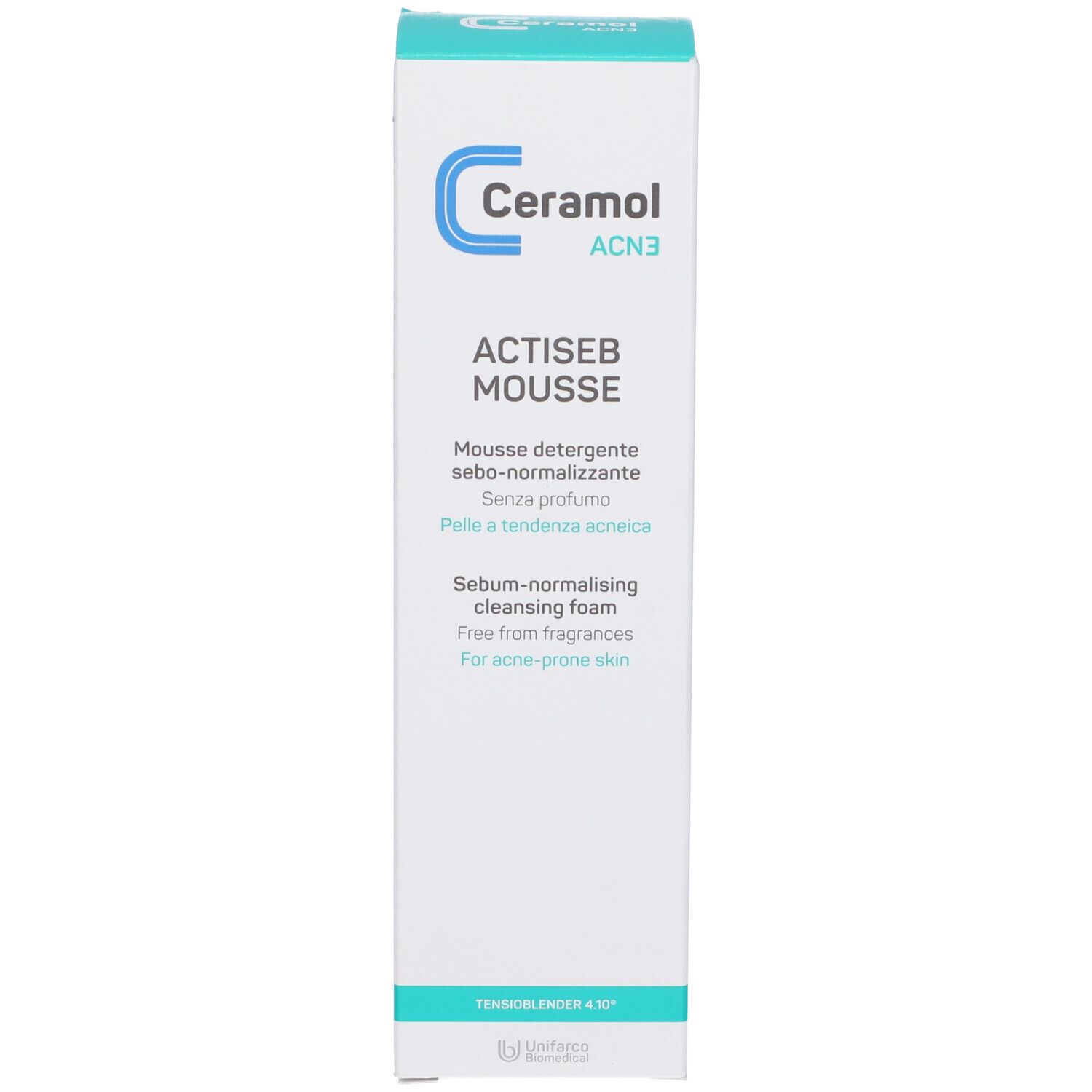 Scatola. Scritta Ceramol, Actiseb Mousse. Per pelli a tendenza acneica.
