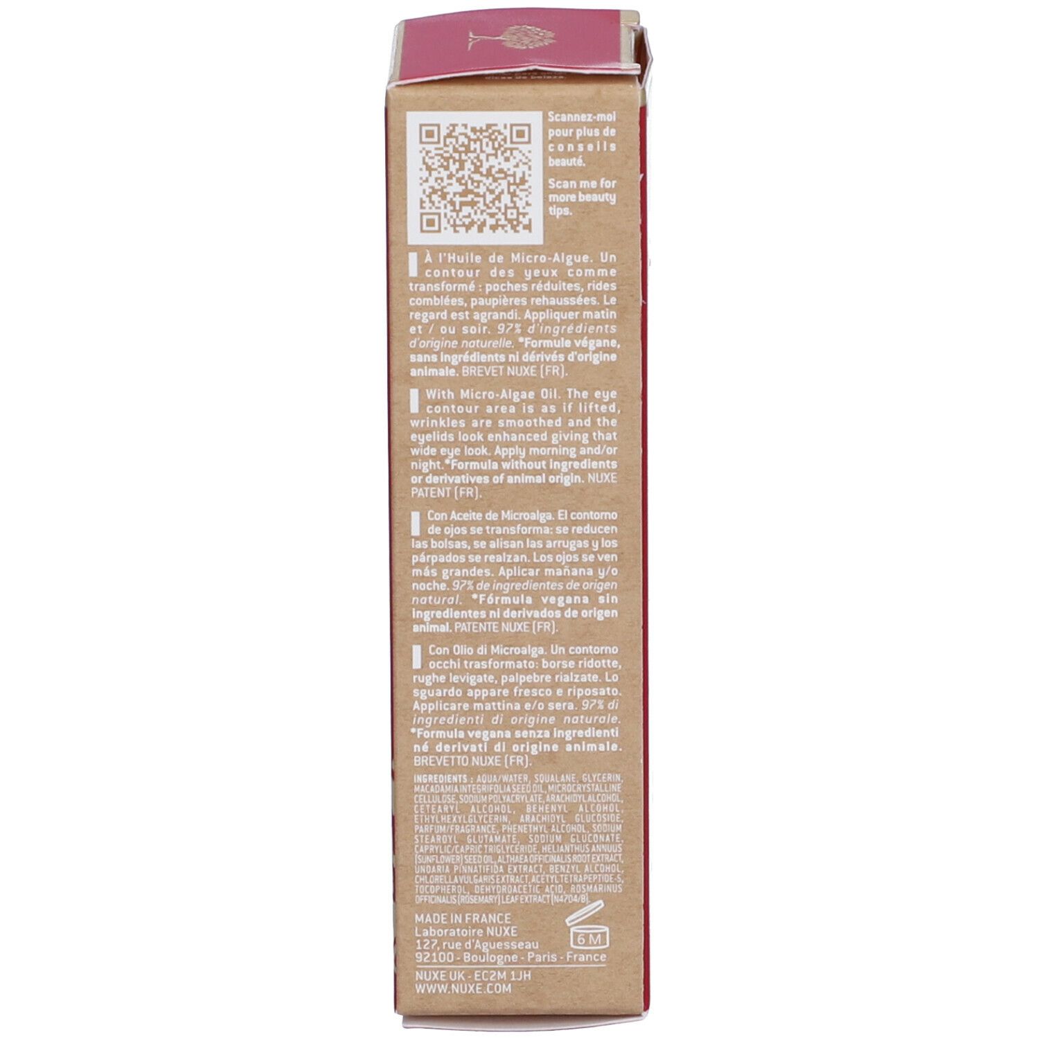 Scatola marrone. Testo e codice QR. Ingredienti e utilizzo. Prodotto in Francia.