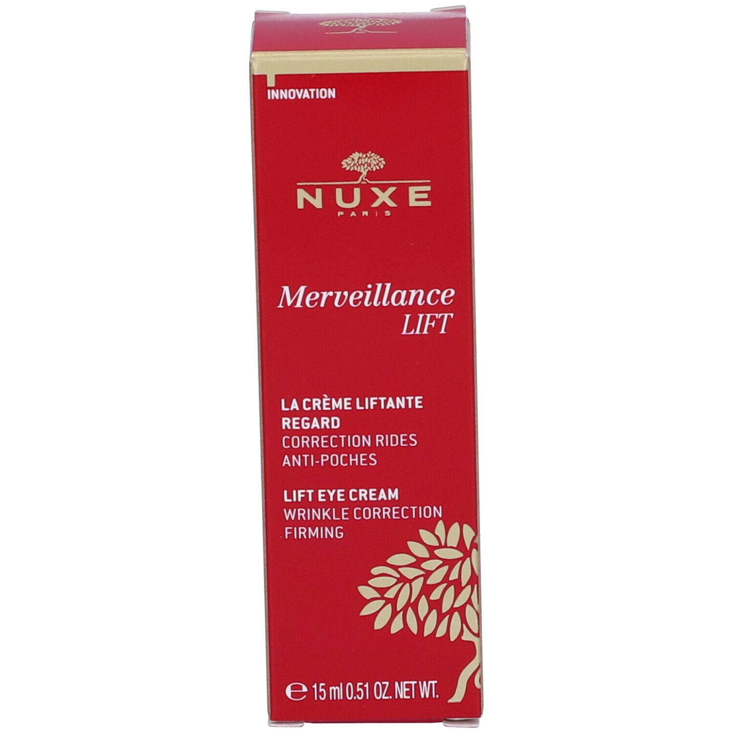 Scatola rossa. Scritta: Nuxe, Merveillance Lift. Crema per occhi. 15 ml. Netto 0,51 oz.