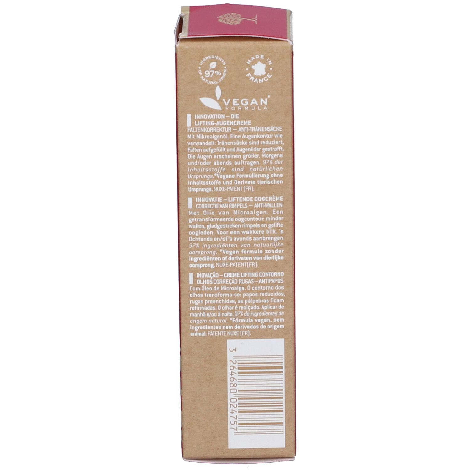 Scatola marrone. Logo vegano. Testo sugli ingredienti e certificazioni. Codice a barre.