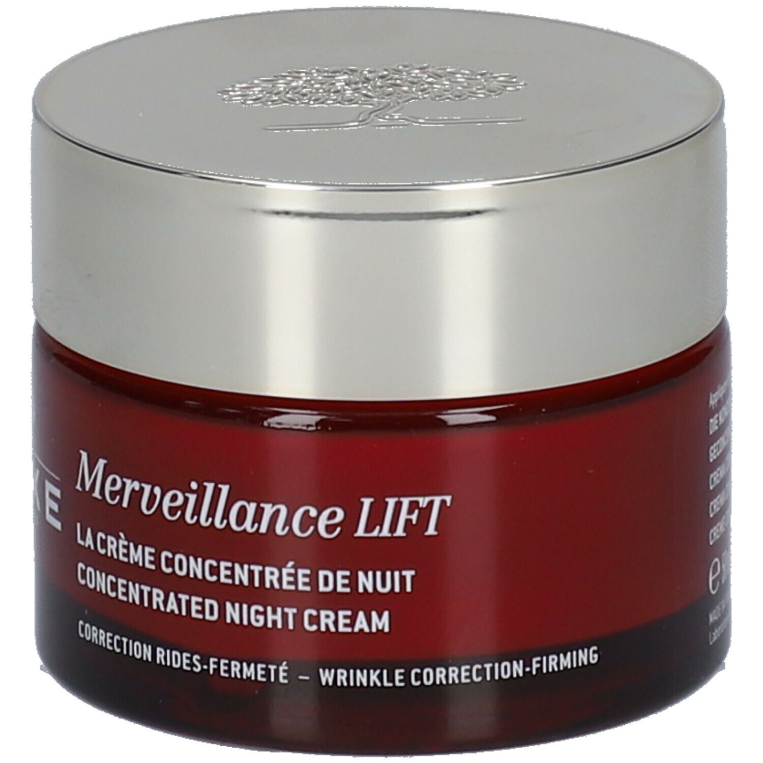 Vaso di crema rosso scuro con coperchio argentato. Scritta: Merveillance Lift, Concentrated Night Cream.
