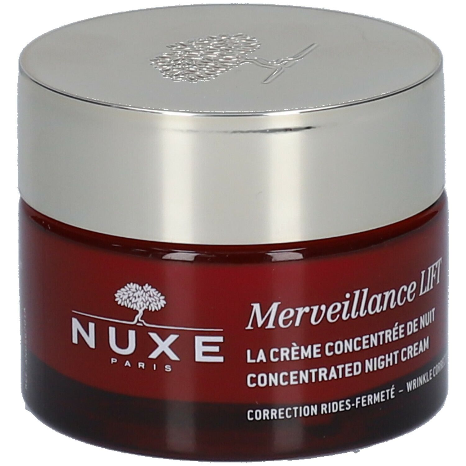 Vaso di crema rosso scuro con coperchio argentato. Scritta: Nuxe Paris, Merveillance Lift, Concentrated Night Cream.
