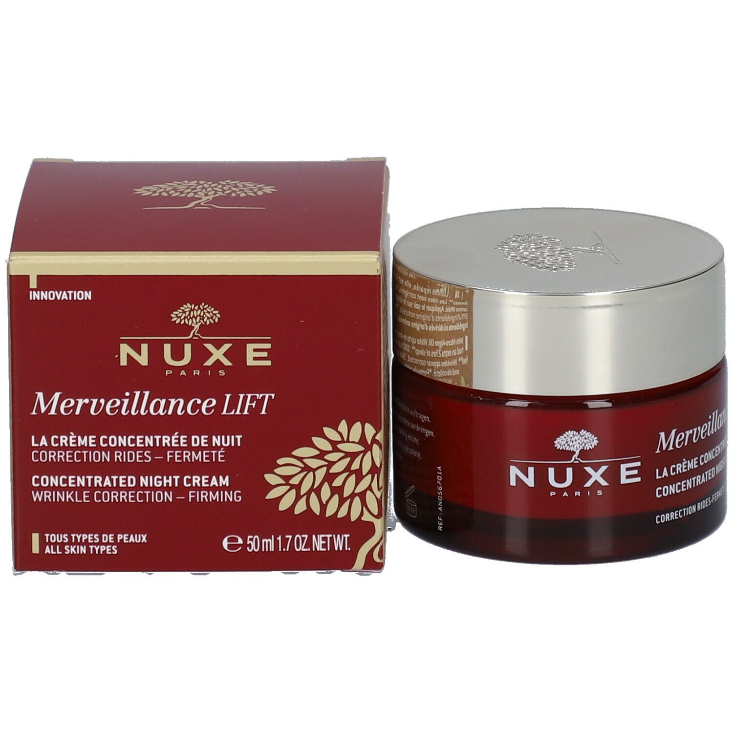 Vaso di crema rosso scuro e scatola. Scritta: Nuxe, Merveillance Lift, Concentrated Night Cream, 50 ml.