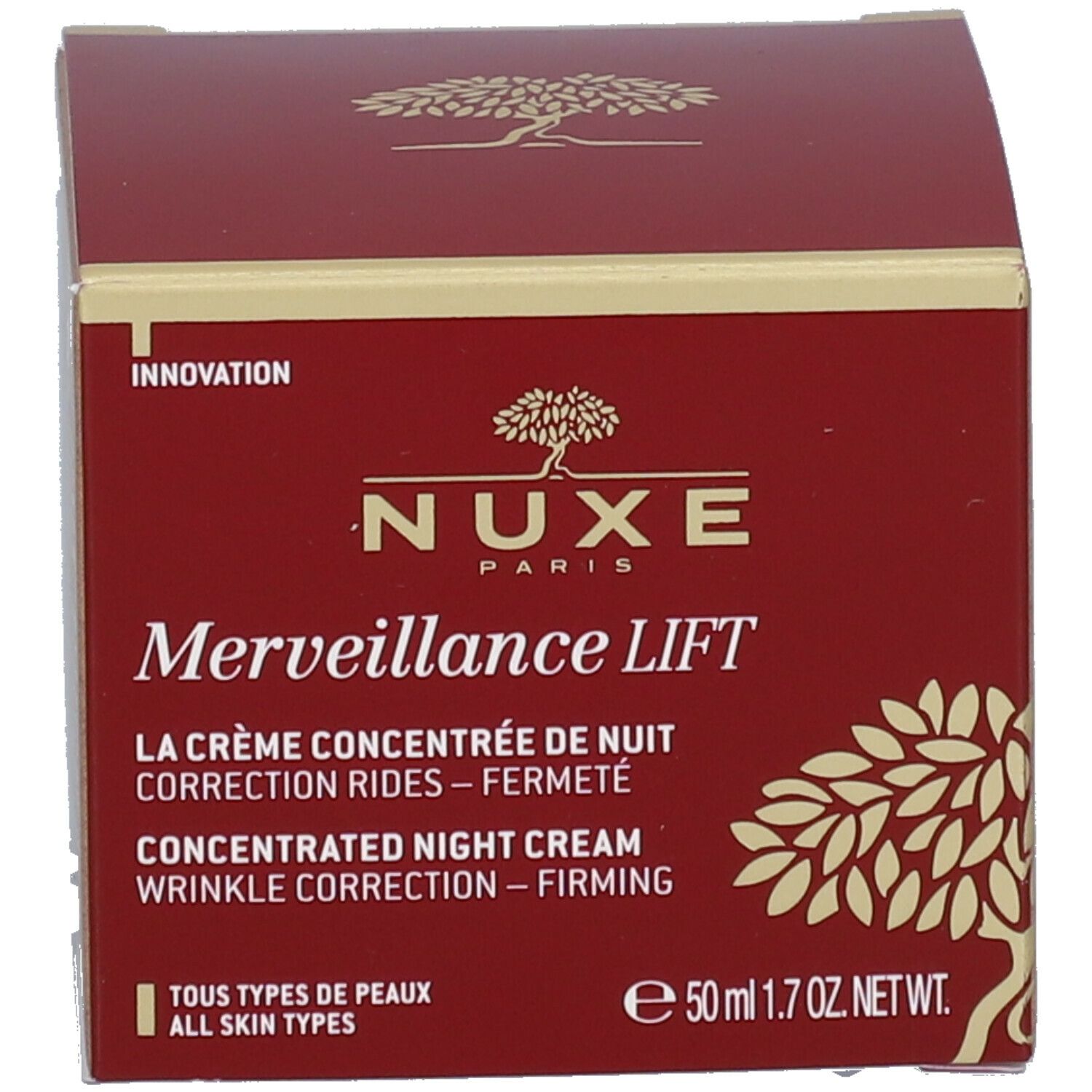 Scatola rossa. Scritta: Nuxe, Merveillance Lift, Concentrated Night Cream, 50 ml, tutti i tipi di pelle.