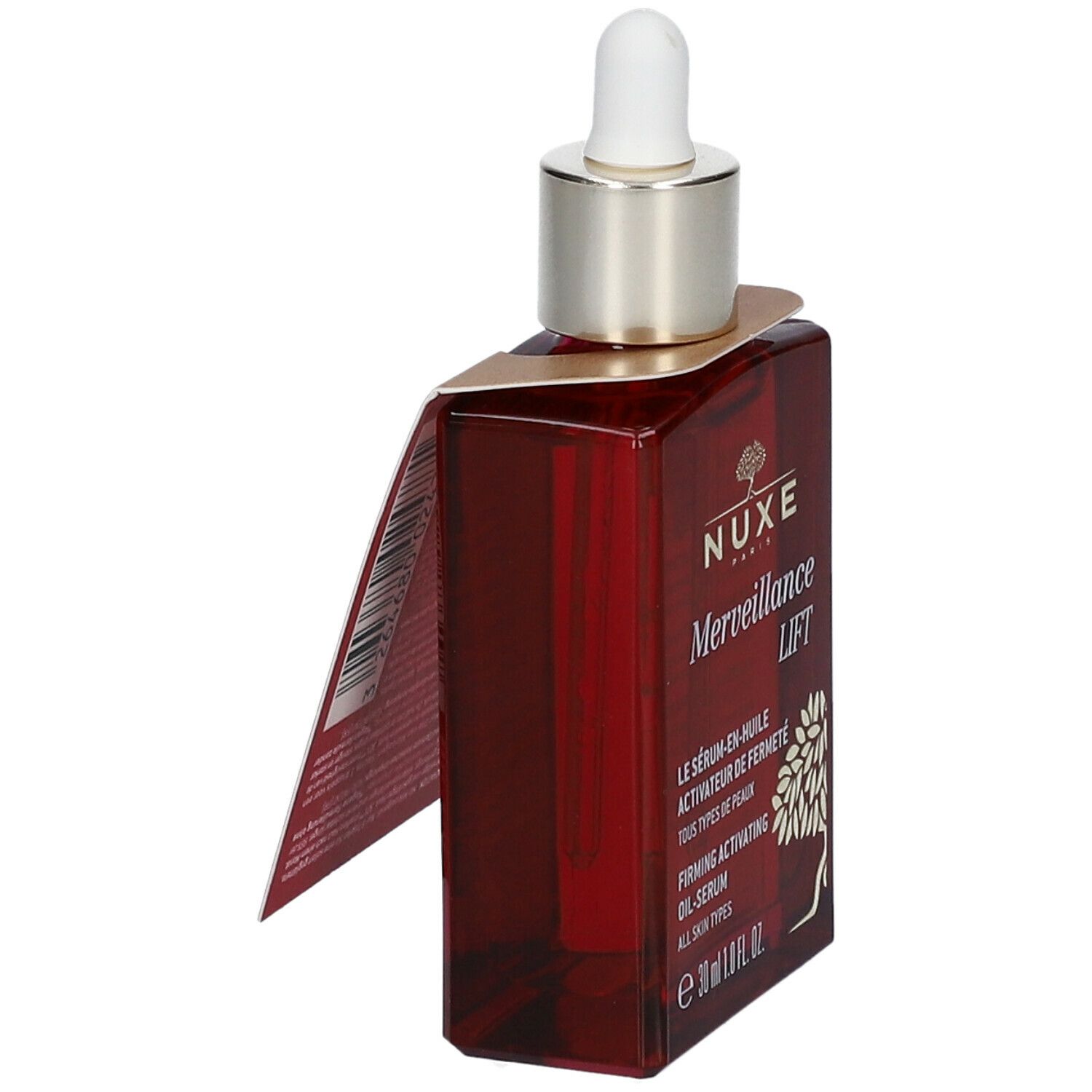Flacone di siero rosso con pipetta ed etichetta. Scritta: Nuxe Merveillance Lift.