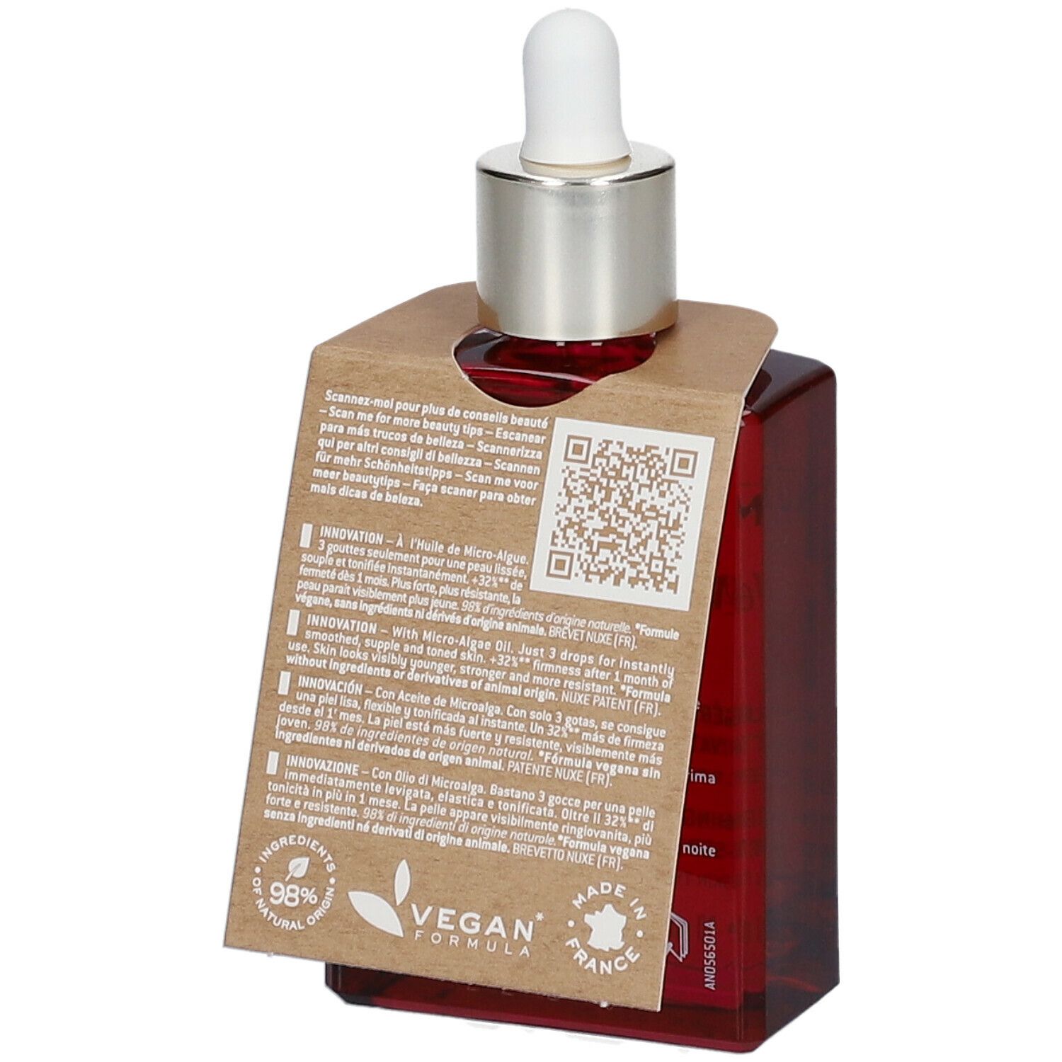 Flacone di siero rosso con pipetta ed etichetta. Etichetta con QR code e testo. Logo vegan.