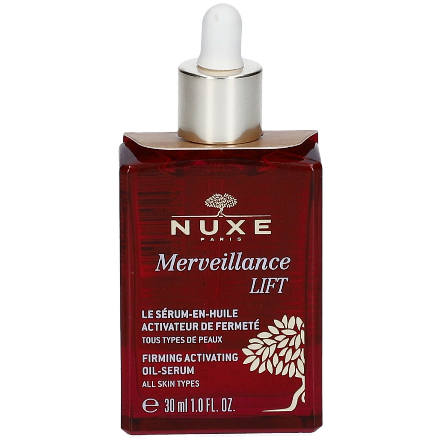 Flacone di siero rosso con pipetta. Scritta: Nuxe Merveillance Lift. Con etichetta.