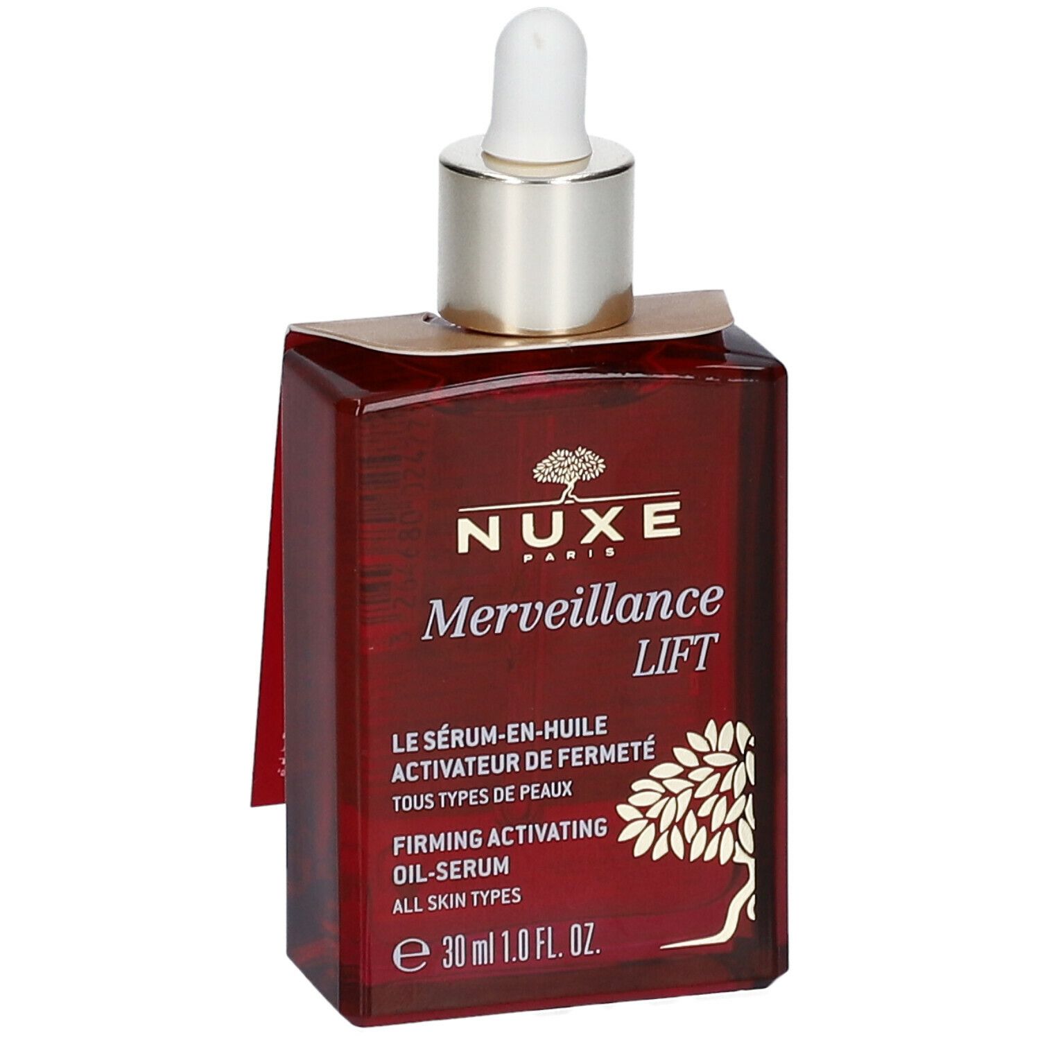 Flacone di siero rosso con pipetta. Scritta: Nuxe Merveillance Lift. Con etichetta.