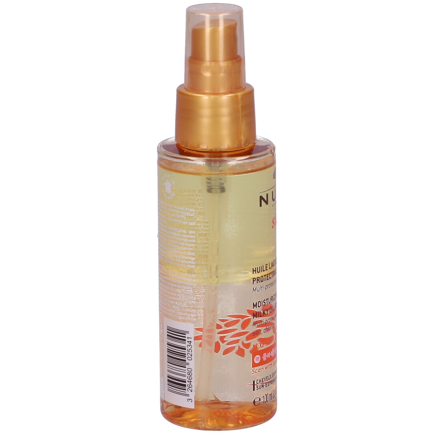 Flacone spray per capelli, vista laterale. Scritta: Nuxe Sun, Olio Latte Protettivo Per Capelli. Etichetta con testo e codice a barre.
