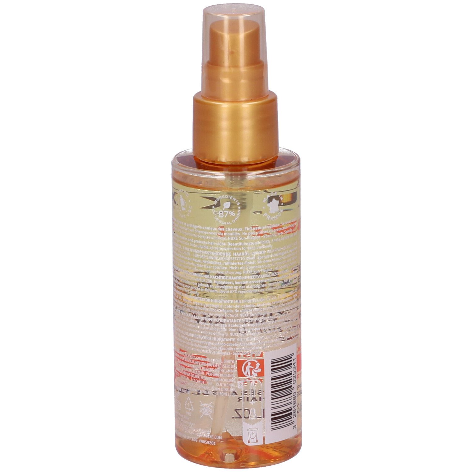 Flacone spray per capelli, vista posteriore. Scritta: Nuxe Sun, Olio Latte Protettivo Per Capelli. Etichetta con testo e codice a barre.