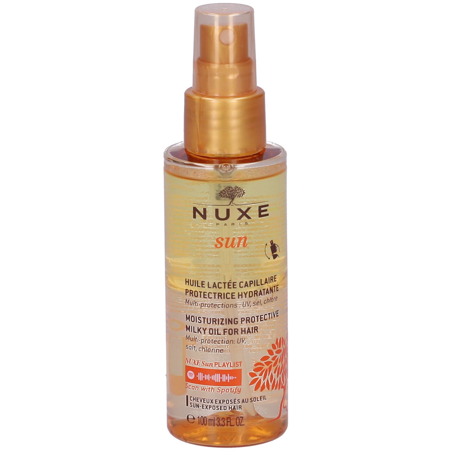 Flacone spray per capelli. Scritta: Nuxe Sun, Olio Latte Protettivo Per Capelli. Etichetta arancione.