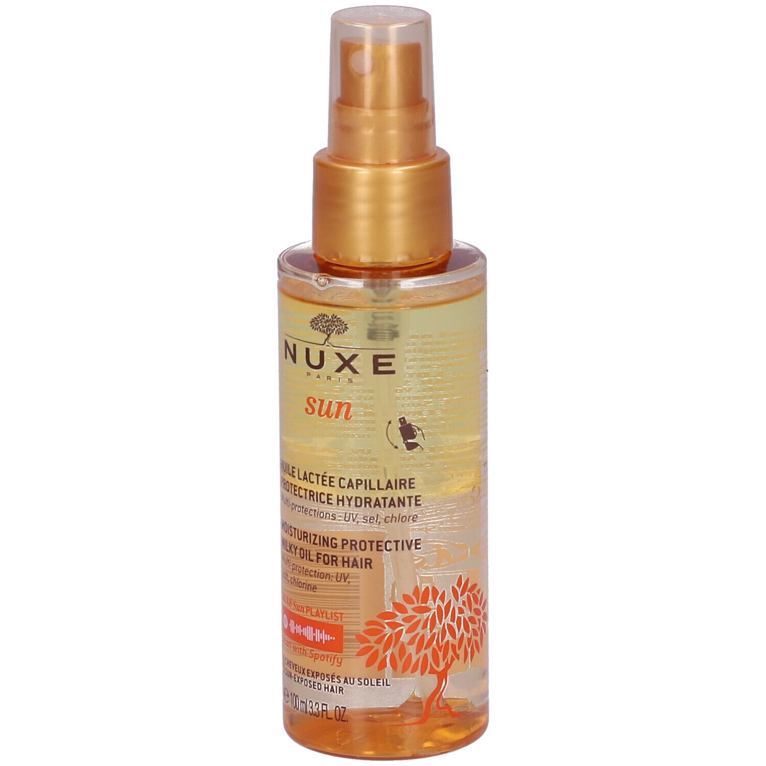 Flacone spray per capelli. Scritta: Nuxe Sun, Olio Latte Protettivo Per Capelli. Etichetta arancione.