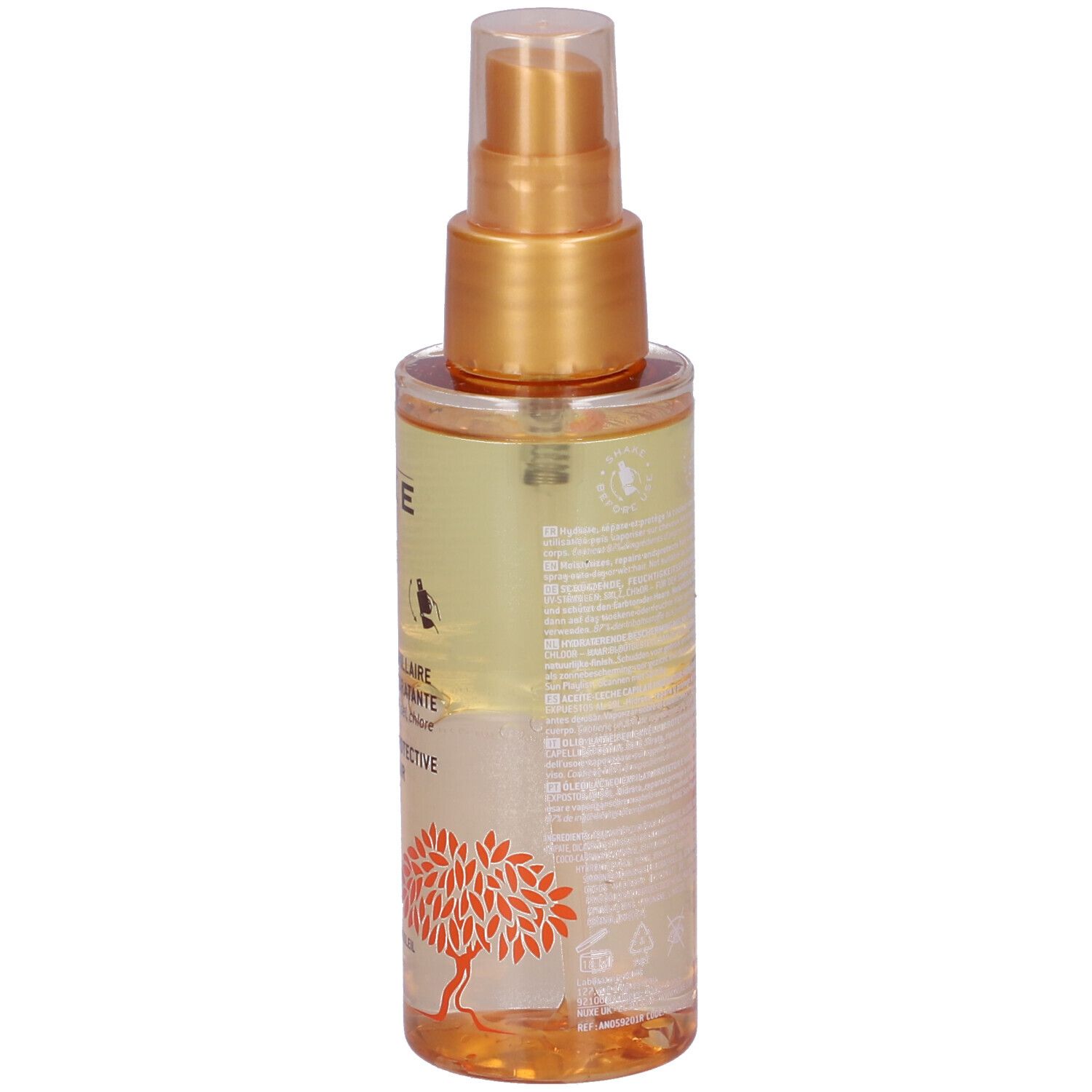 Flacone spray per capelli, vista laterale. Scritta: Nuxe Sun, Olio Latte Protettivo Per Capelli. Etichetta arancione.