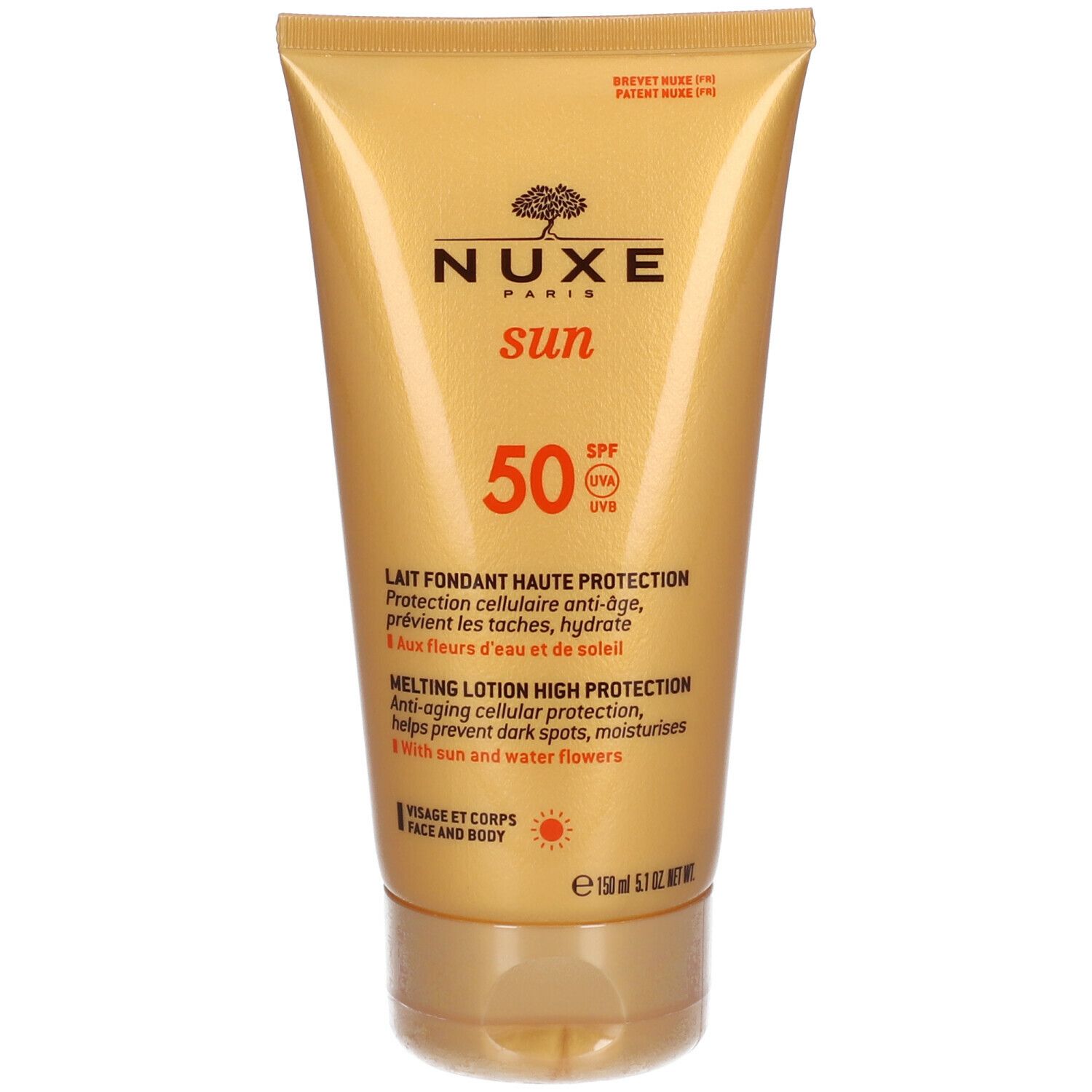 Tubo dorato Nuxe Sun SPF 50. Testo: Lait Fondant Haute Protection. Visage et Corps. Protezione solare.