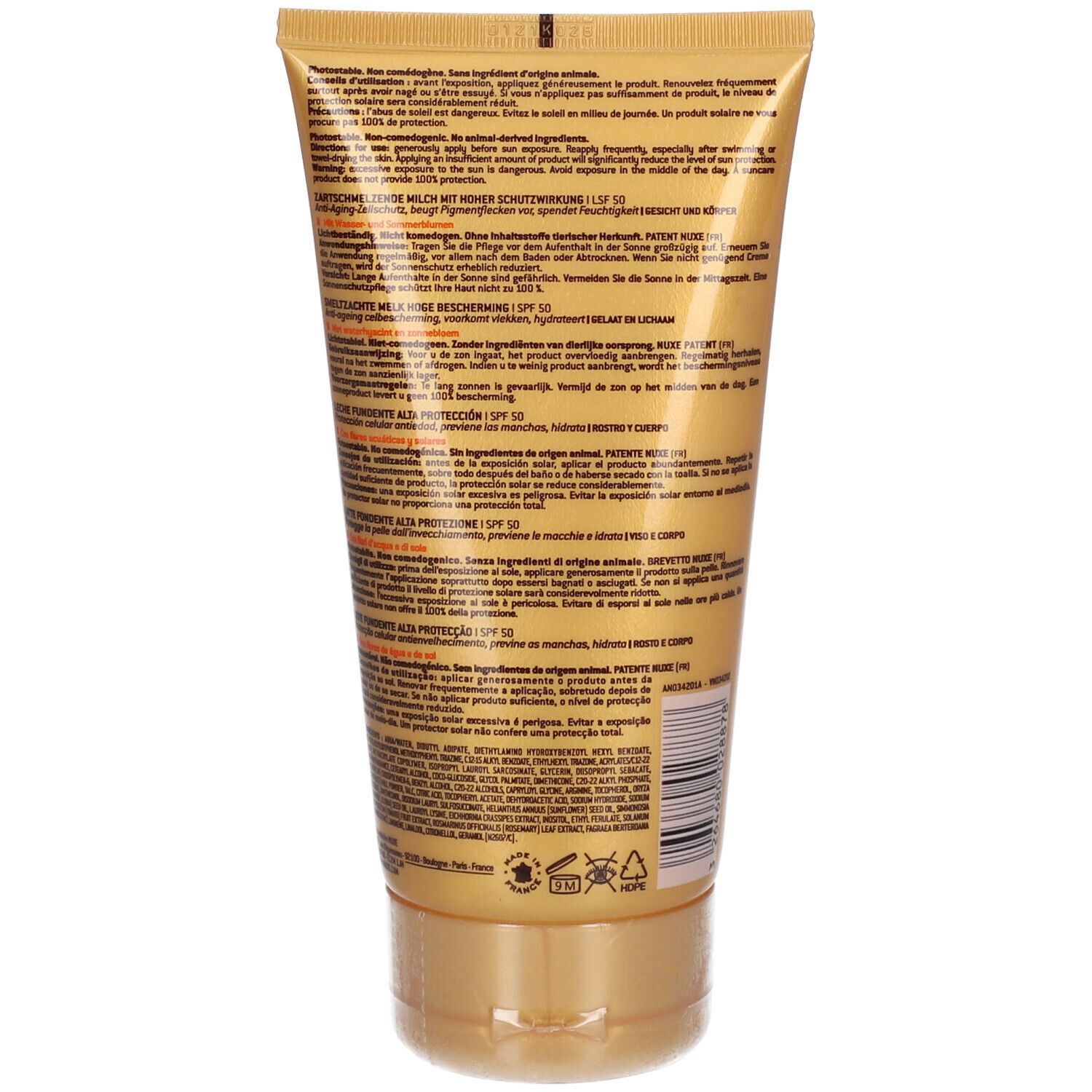 Retro del tubo dorato. Testo e informazioni sull'uso e gli ingredienti. SPF 50.