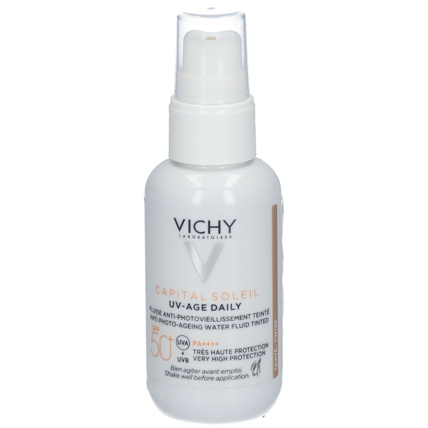 Flacone bianco con dosatore. Scritta: Vichy Capital Soleil UV-Age Daily. Texture colorata. SPF 50.
