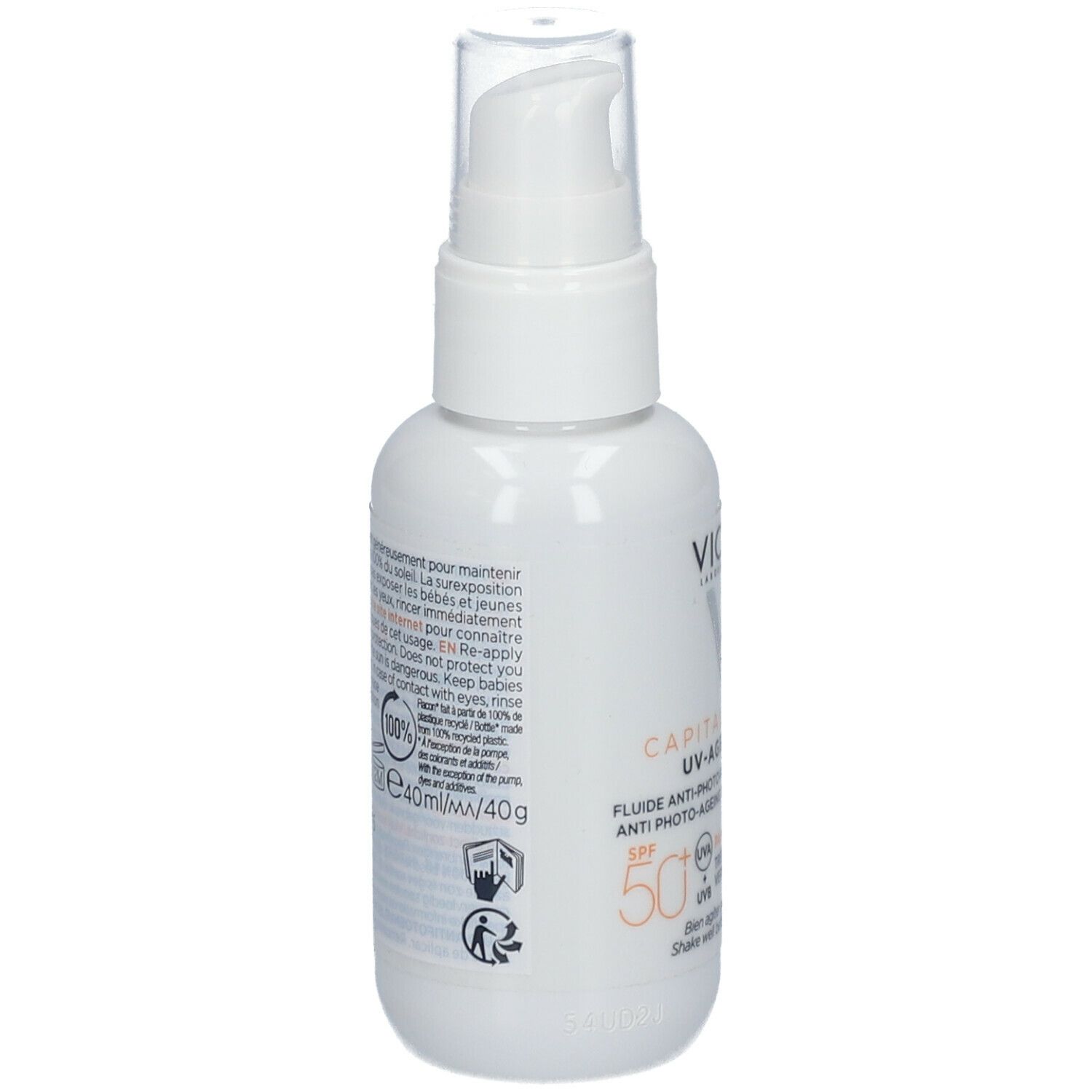 Retro del flacone. Testo e simboli. Vichy Capital Soleil UV-Age Daily. SPF 50. 40ml.