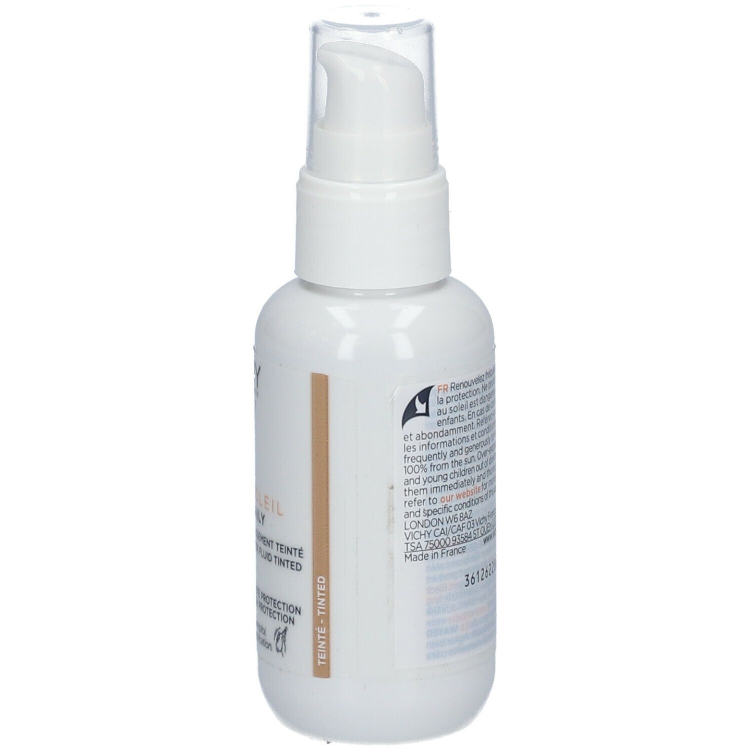 Flacone bianco con dosatore. Scritta: Vichy Capital Soleil UV-Age Daily. Texture colorata. SPF 50.