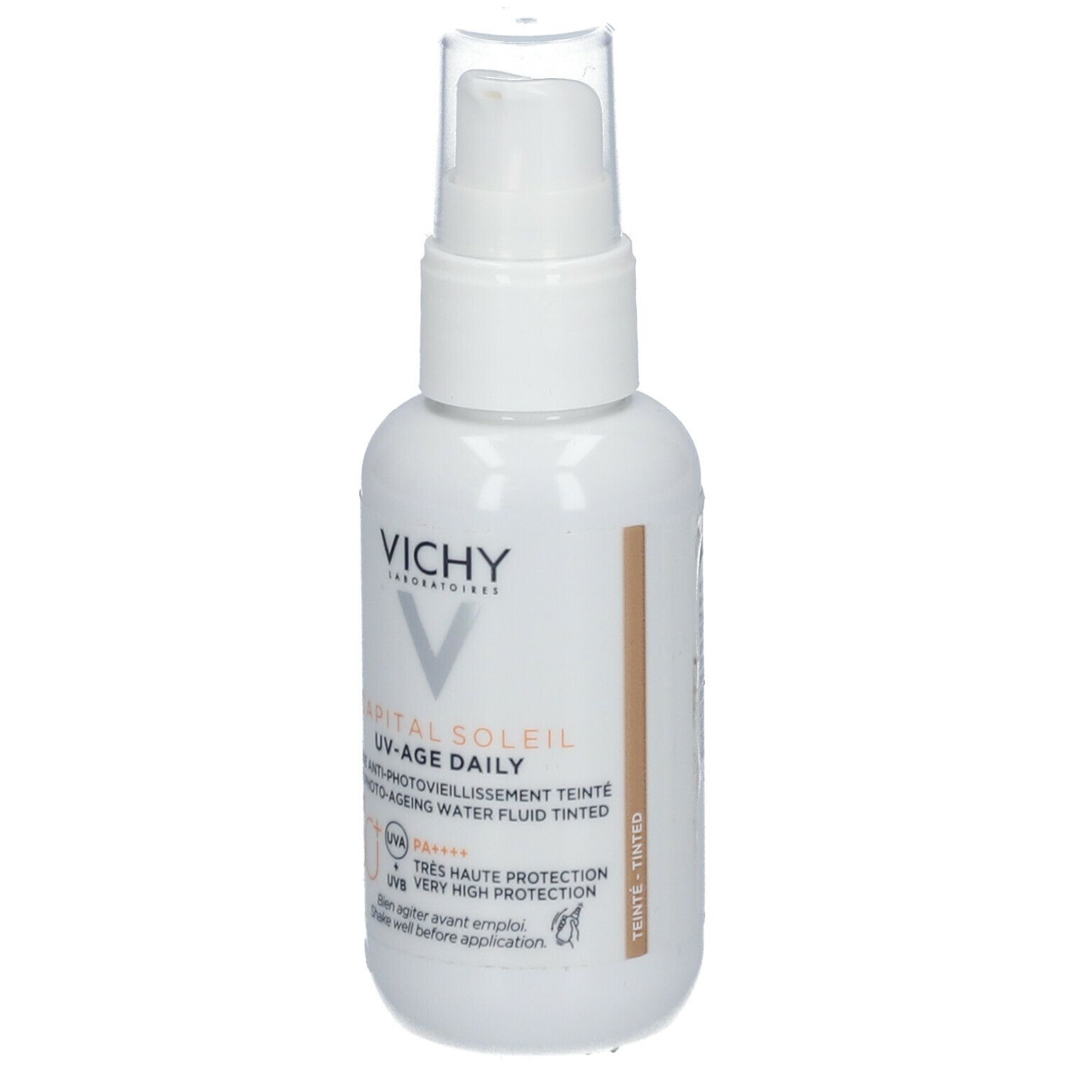 Flacone bianco con dosatore. Scritta: Vichy Capital Soleil UV-Age Daily. Texture colorata. SPF 50.