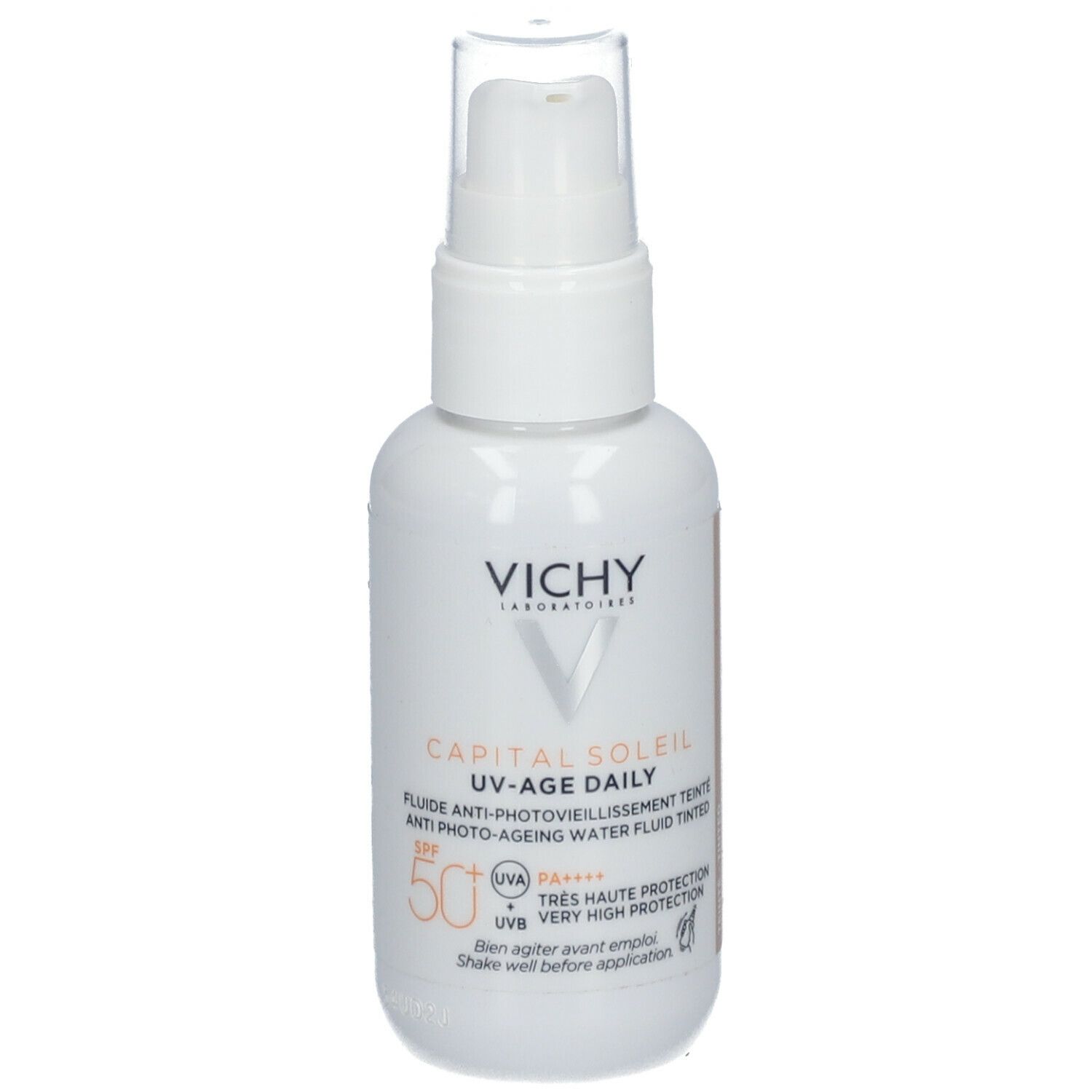 Flacone bianco con dosatore. Scritta: Vichy Capital Soleil UV-Age Daily. Texture colorata. SPF 50.