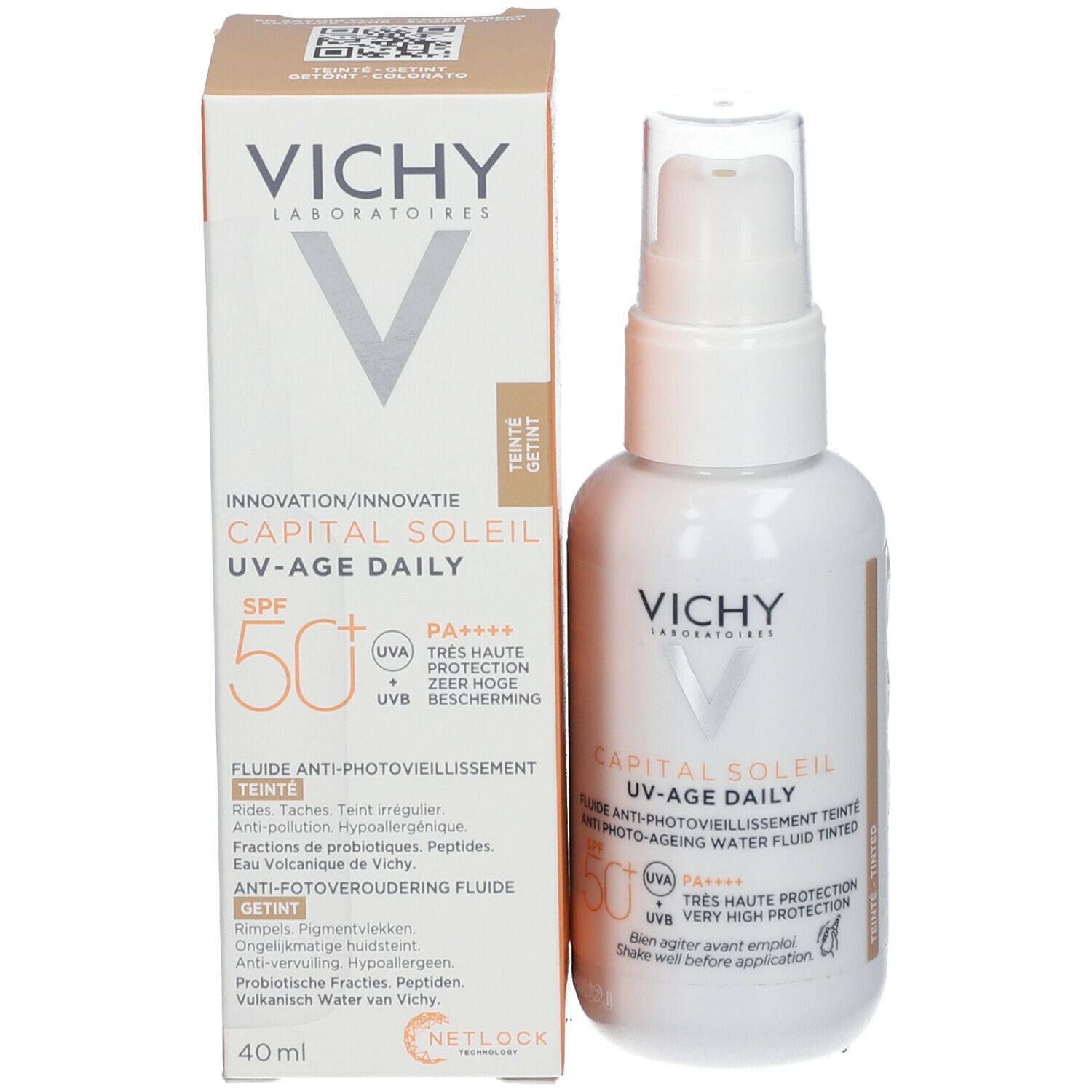 Prodotto e confezione. Scritta: Vichy Capital Soleil UV-Age Daily. Texture colorata. SPF 50. 40ml.