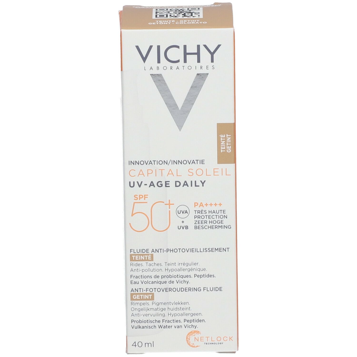Confezione. Scritta: Vichy Capital Soleil UV-Age Daily. Texture colorata. SPF 50. 40ml.