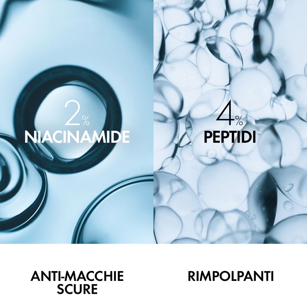 Due aree: 2% Niacinamide, anti-macchie. 4% Peptidi, rimpolpanti. Testo: Anti-macchie, rimpolpanti.