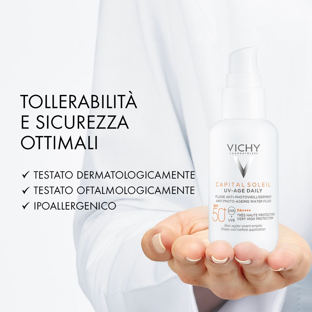 Prodotto in mano. Testo: Tollerabilità e sicurezza ottimali. Testato dermatologicamente, oftalmologicamente e ipoallergenico.