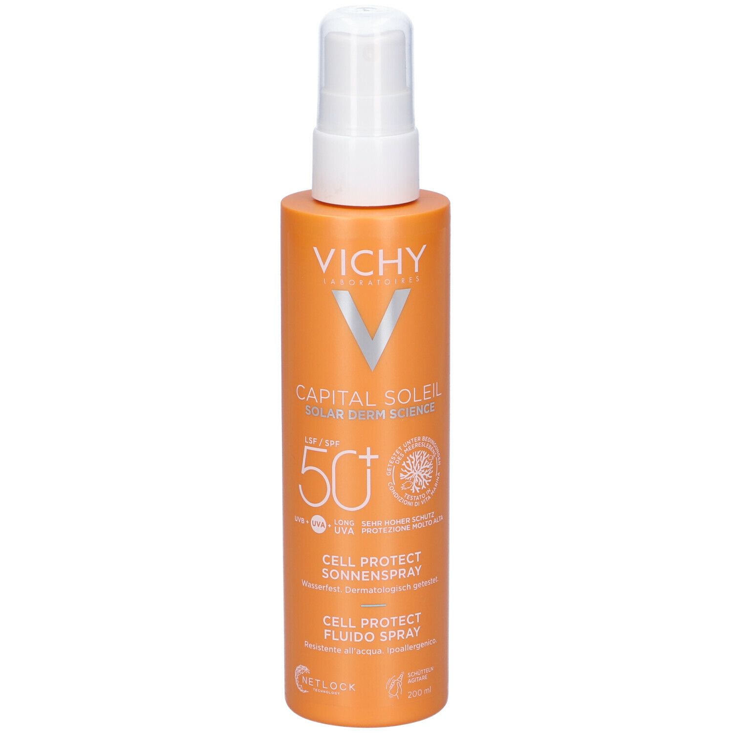 Flacone spray arancione con erogatore bianco. Scritte: Vichy, Capital Soleil, SPF 50, Cell Protect Sonnenspray.