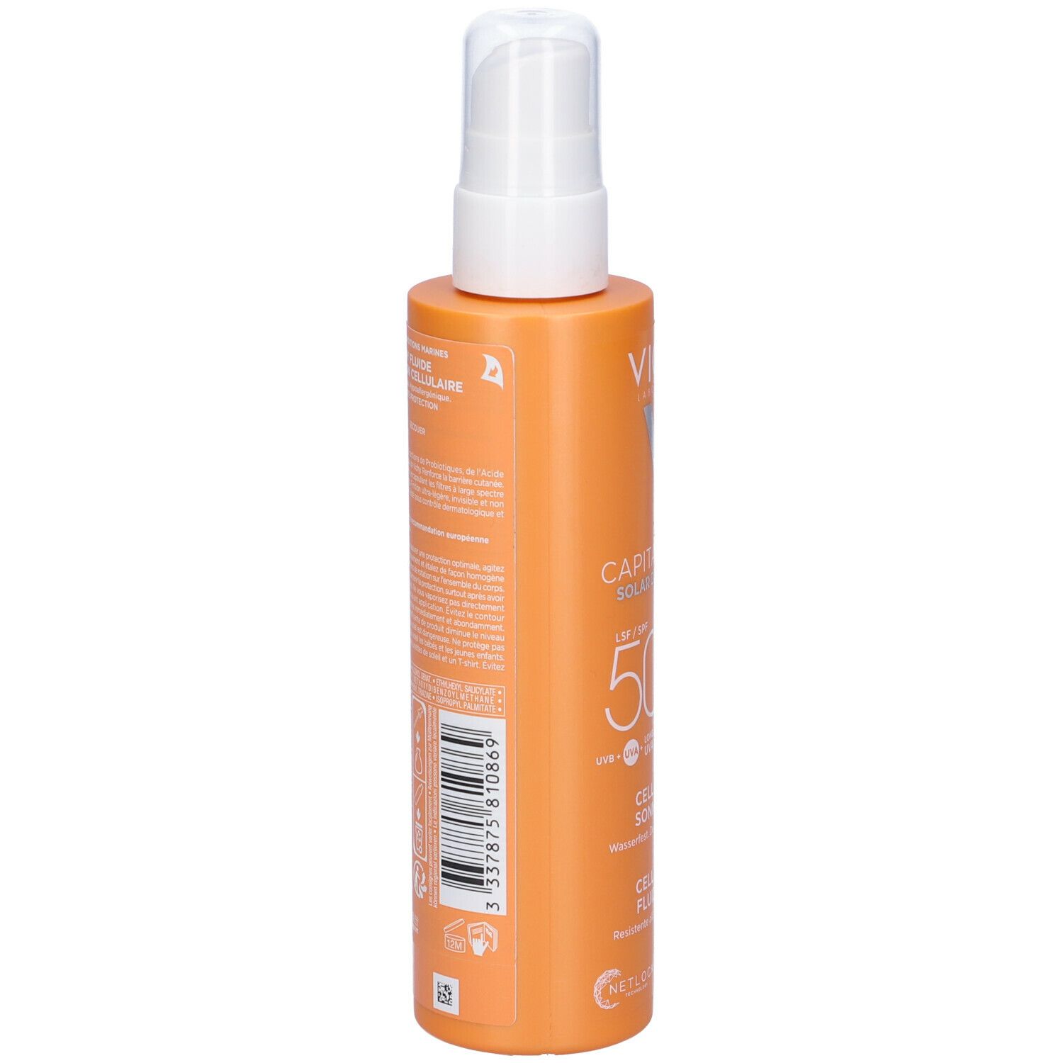 Retro del flacone spray arancione. Testo e codice a barre. Scritte: Vichy, Capital Soleil, SPF 50, Cell Protect.