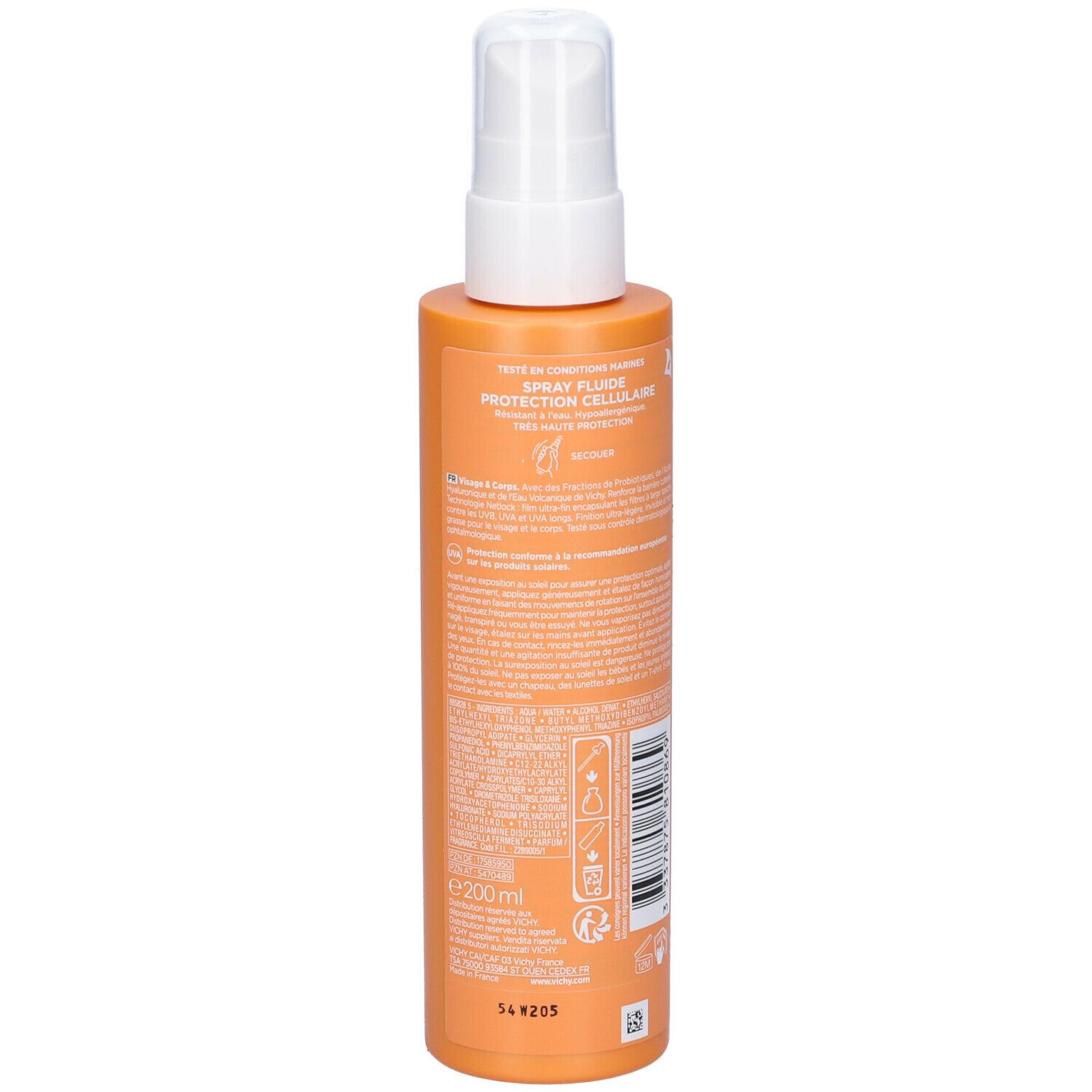 Retro del flacone spray arancione. Testo e simboli. Scritte: Vichy, Capital Soleil, SPF 50, Cell Protect.