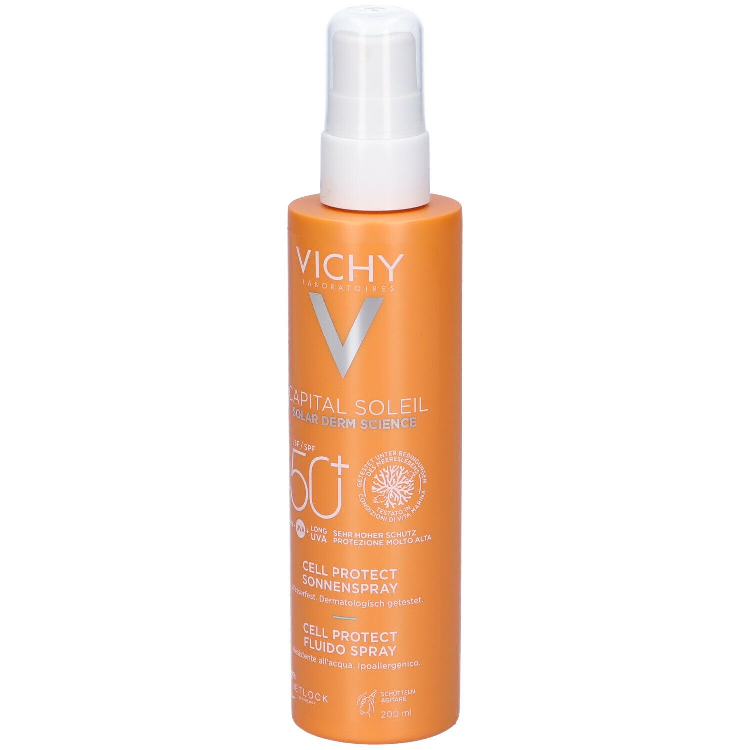 Flacone spray arancione con erogatore bianco. Scritte: Vichy, Capital Soleil, SPF 50, Cell Protect Sonnenspray.