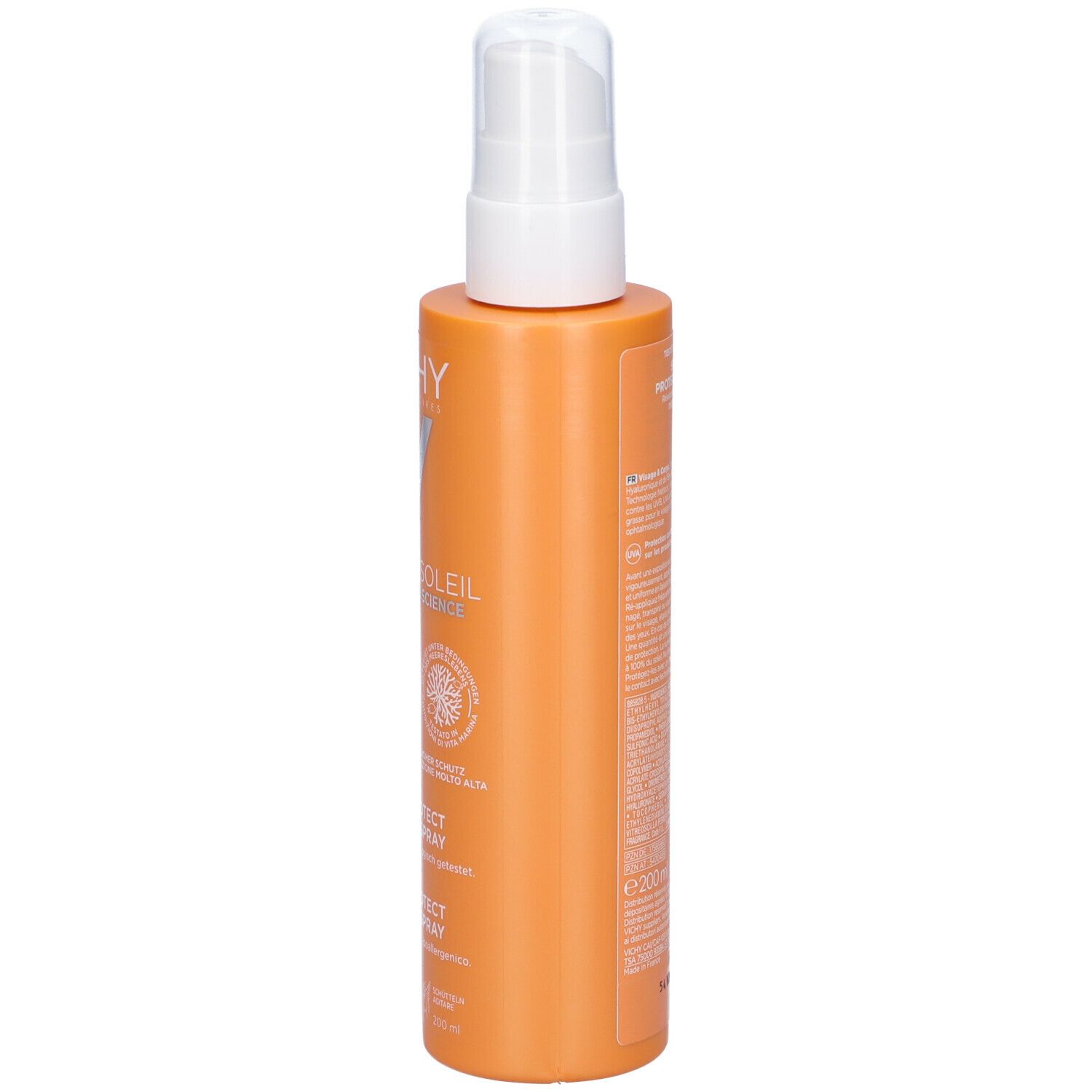 Retro del flacone spray arancione. Testo e logo. Scritte: Vichy, Capital Soleil, SPF 50, Cell Protect.