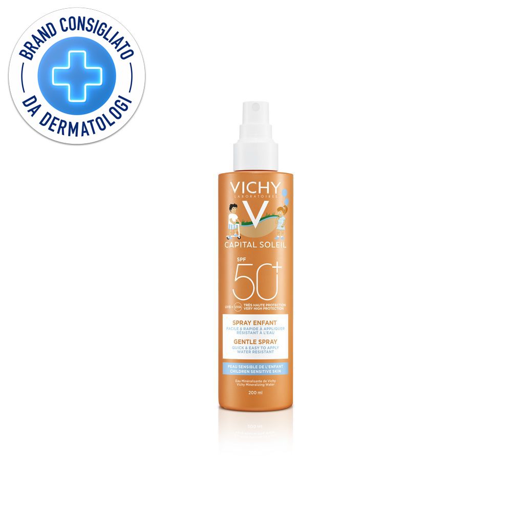 Spray solare per bambini. Flacone arancione con erogatore bianco. Scritte: Vichy, Capital Soleil, SPF 50+.