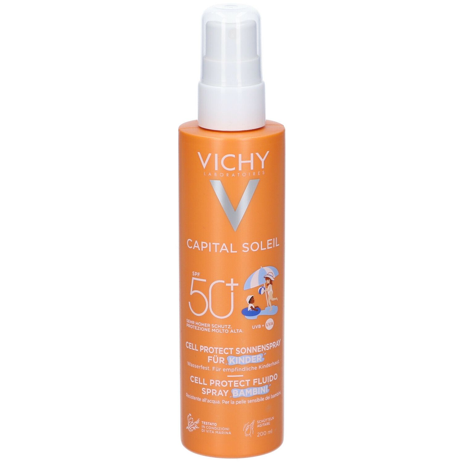 Flacone arancione con erogatore bianco. Scritte: Vichy, Capital Soleil, SPF 50+. Illustrazione: bambino in spiaggia.