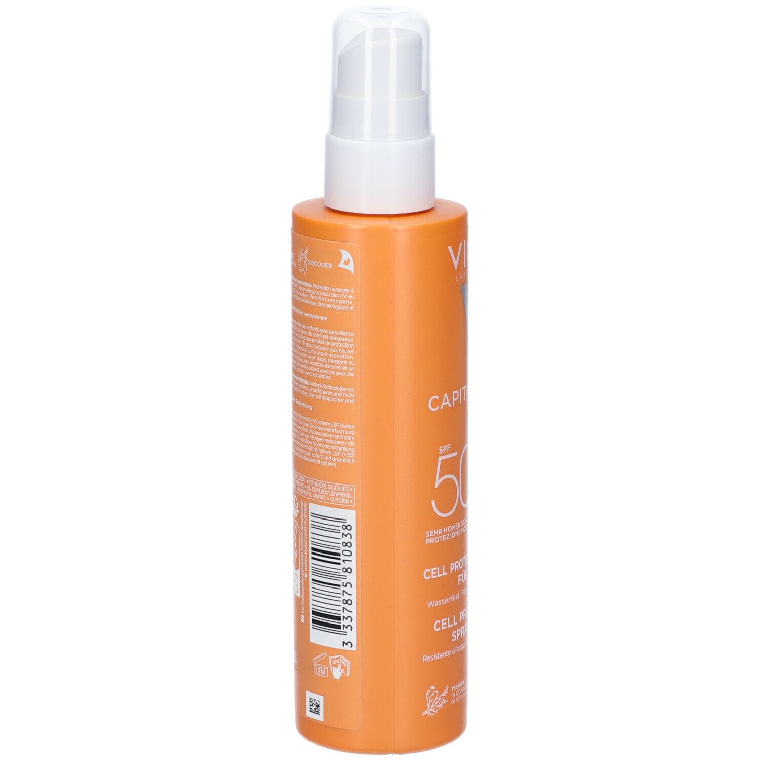 Retro del flacone spray solare. Testo e codice a barre. Flacone arancione con erogatore bianco.