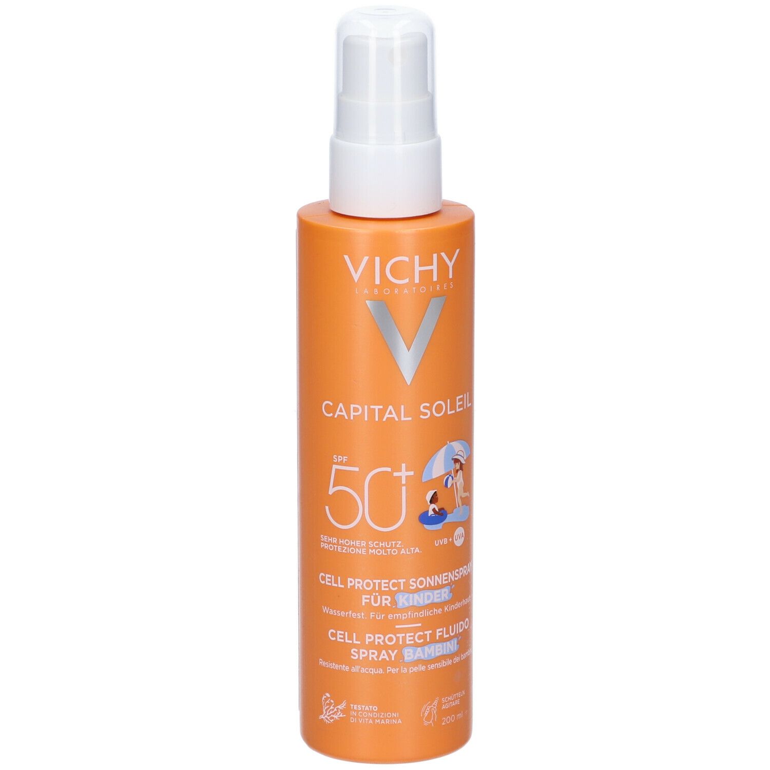 Flacone arancione con erogatore bianco. Scritte: Vichy, Capital Soleil, SPF 50+. Illustrazione: bambino in spiaggia.