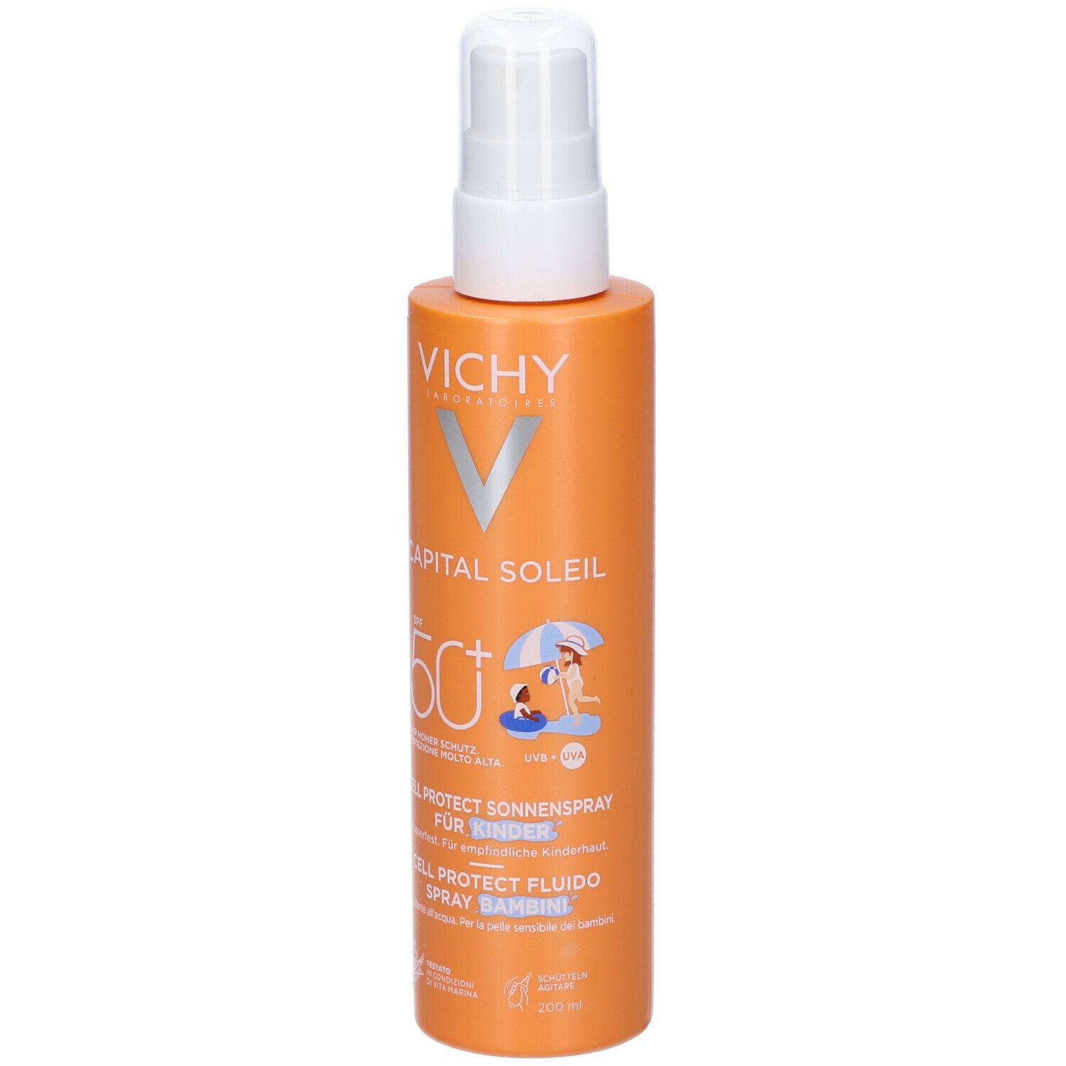 Flacone arancione con erogatore bianco. Scritte: Vichy, Capital Soleil, SPF 50+. Illustrazione: bambino in spiaggia.