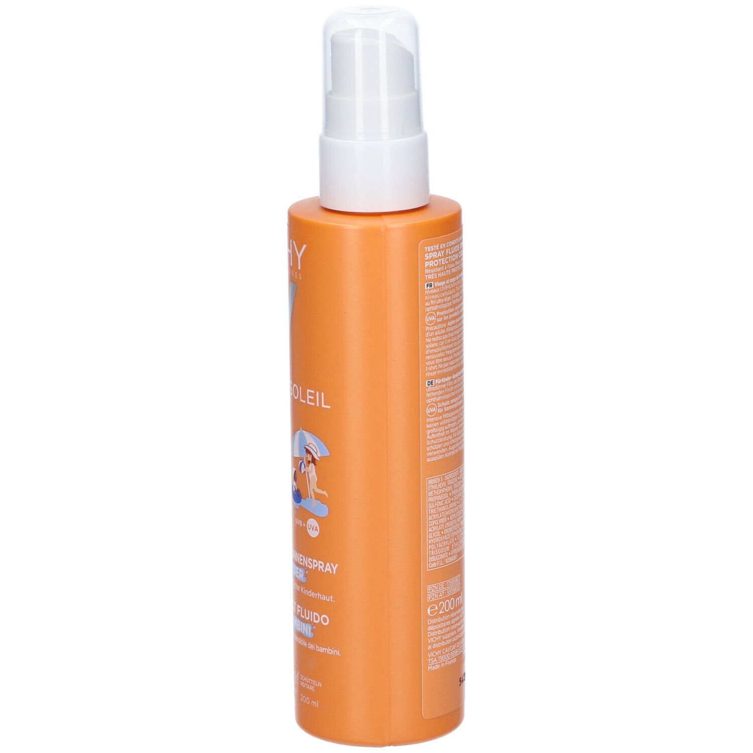 Flacone spray solare. Flacone arancione con erogatore bianco. Scritte: Vichy, Capital Soleil, SPF 50+.