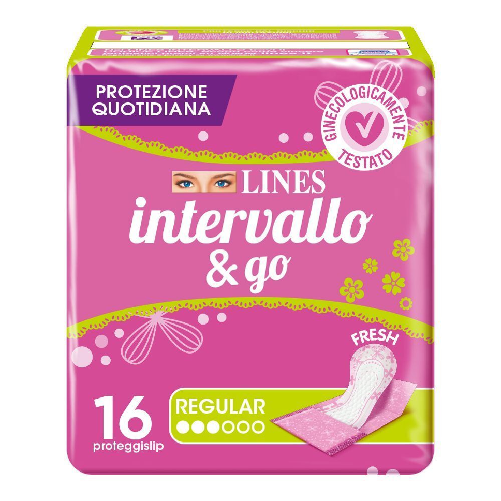 Confezione rosa 'LINES intervallo & go FRESH'. 16 proteggislip. 'Ginecologicamente Testato'.