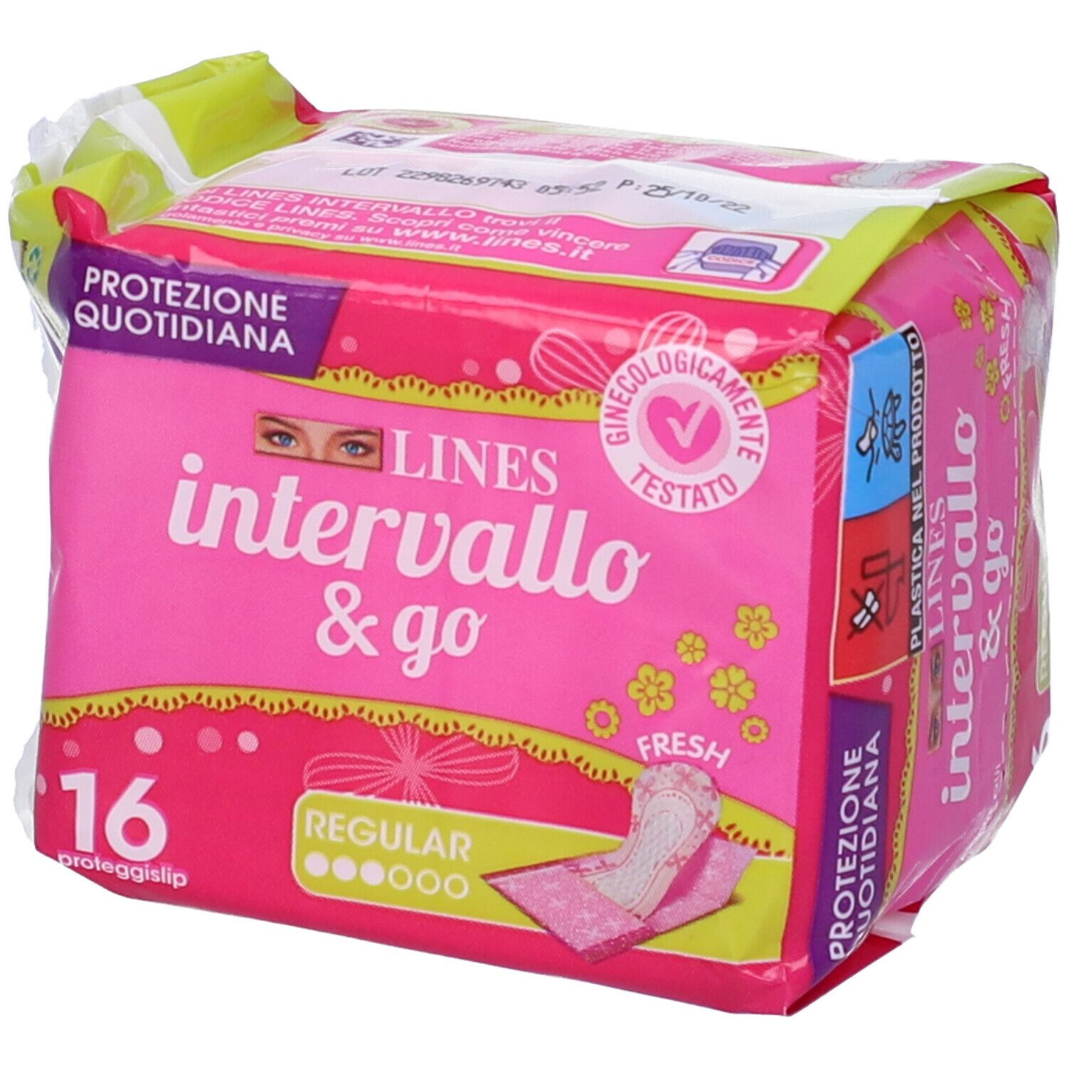 Confezione rosa 'LINES intervallo & go FRESH'. 16 proteggislip. Aperta. 'Ginecologicamente Testato'.