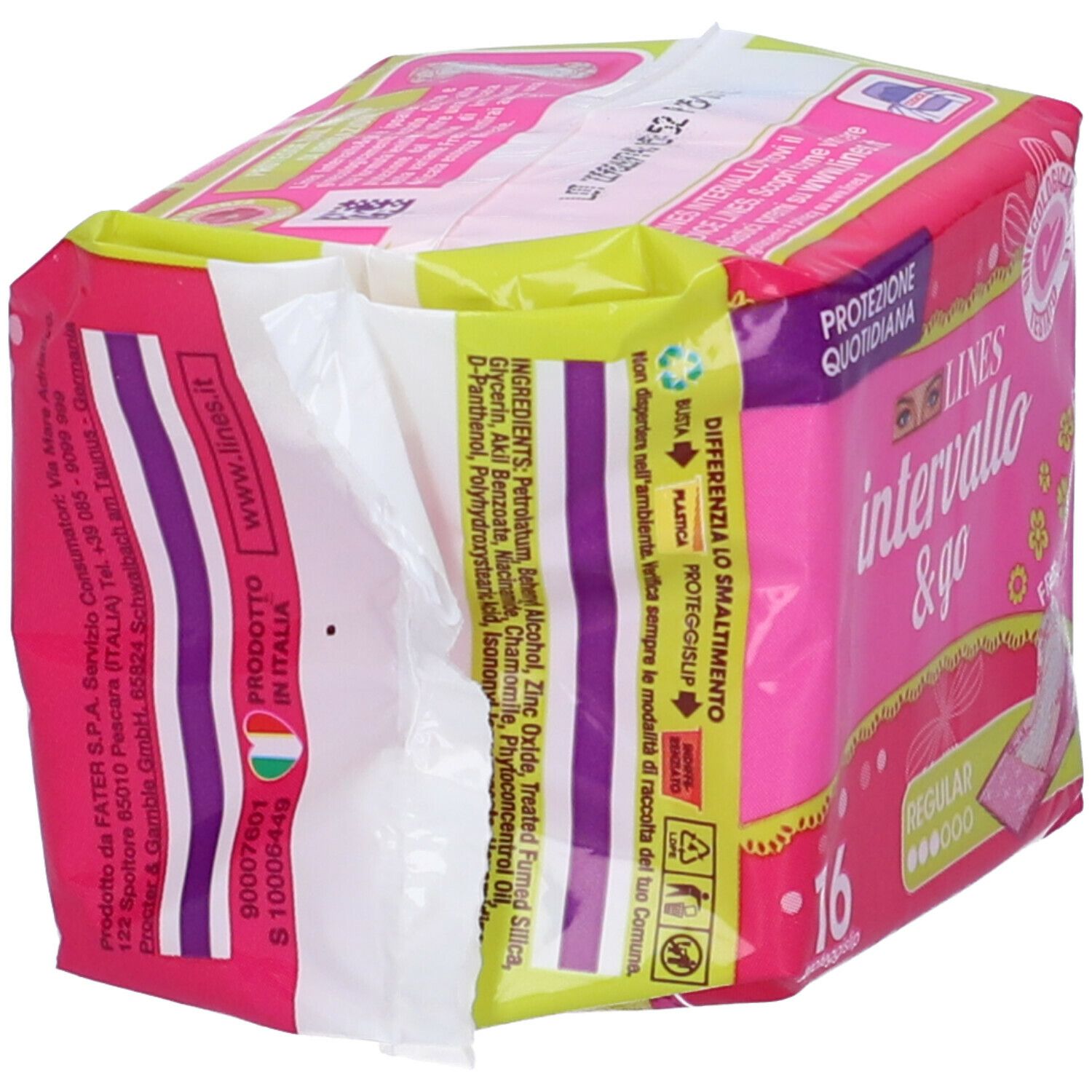 Confezione rosa 'LINES intervallo & go FRESH' aperta. 16 proteggislip. Ingredienti e simbolo riciclo.