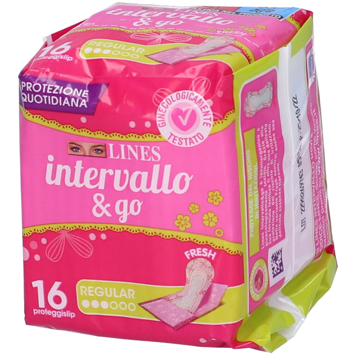 Confezione rosa 'LINES intervallo & go FRESH'. 16 proteggislip. Vista dall'alto. 'Ginecologicamente Testato'.