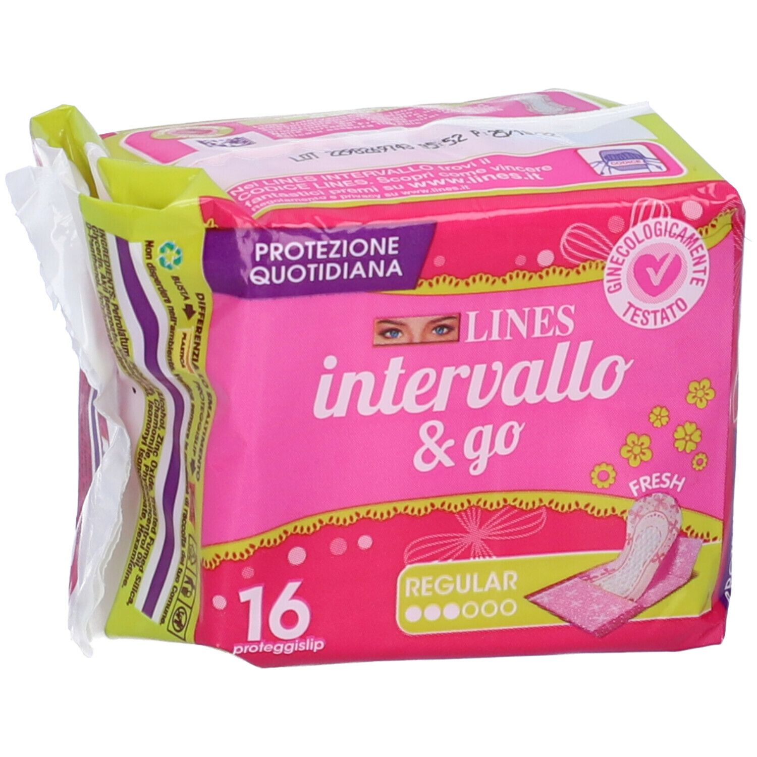 Confezione rosa 'LINES intervallo & go FRESH'. 16 proteggislip. Aperta. 'Ginecologicamente Testato'.