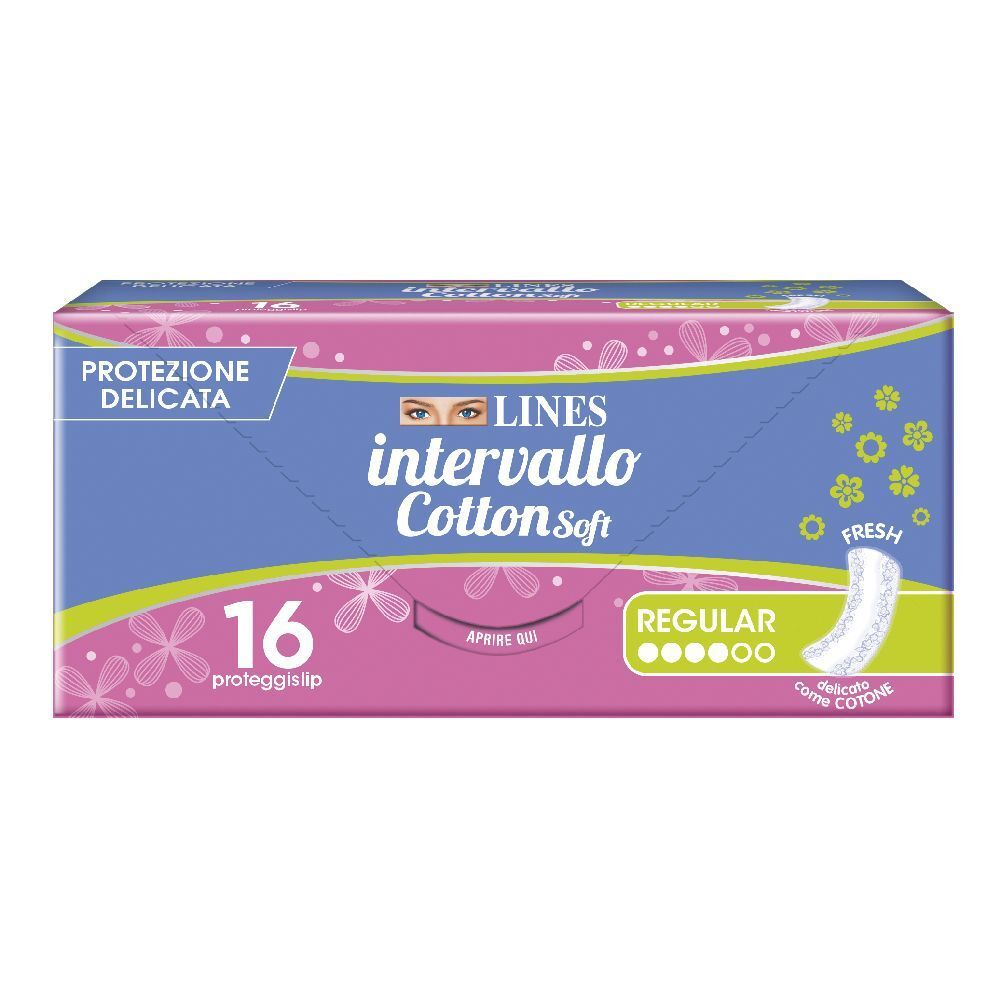 Confezione rosa e blu LINES intervallo Cotton Soft. 16 proteggislip. Scritte: Protezione delicata, Regular, Fresh.