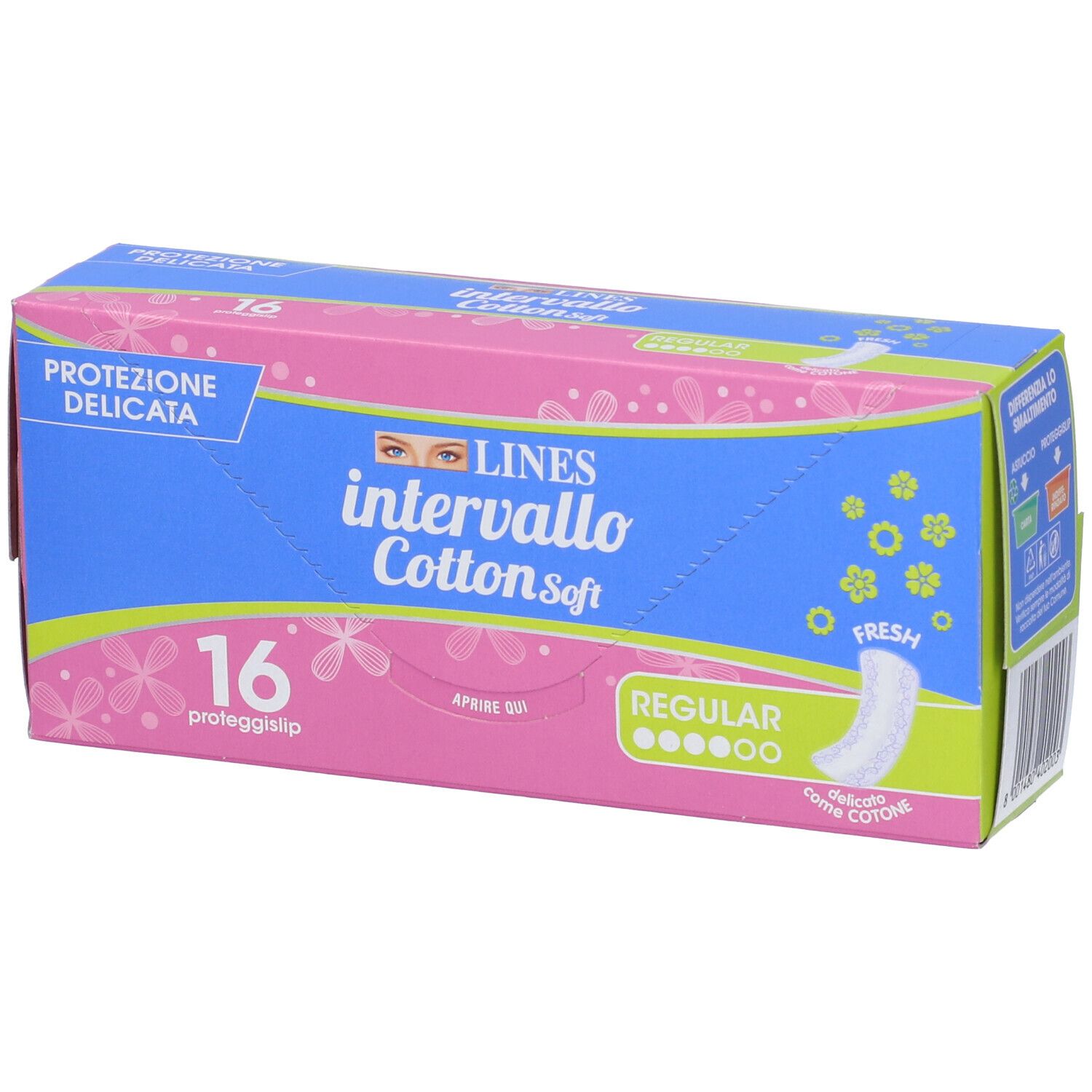 Confezione LINES intervallo Cotton Soft, rosa-blu. 16 proteggislip. Scritte: Protezione delicata, Regular, Fresh. Vista obliqua.