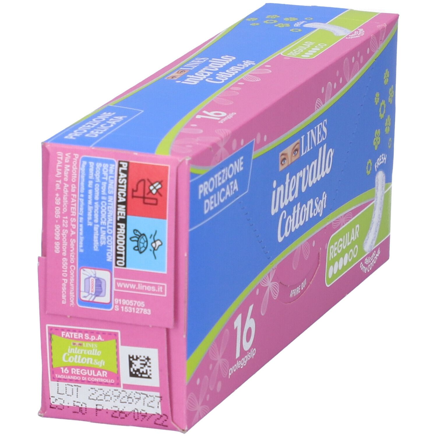 Confezione LINES intervallo Cotton Soft, rosa-blu. 16 proteggislip. Scritte: Protezione delicata, Regular, Fresh. Vista obliqua.