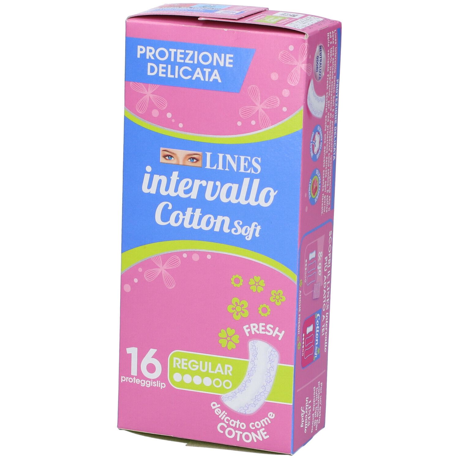 Confezione LINES intervallo Cotton Soft, rosa-blu. 16 proteggislip. Scritte: Protezione delicata, Regular, Fresh. Vista obliqua.